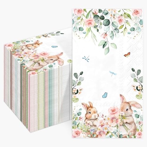 100pcs Easter Bunny Floral Guest Napkins Rabbit Flowers Spring Seasonal