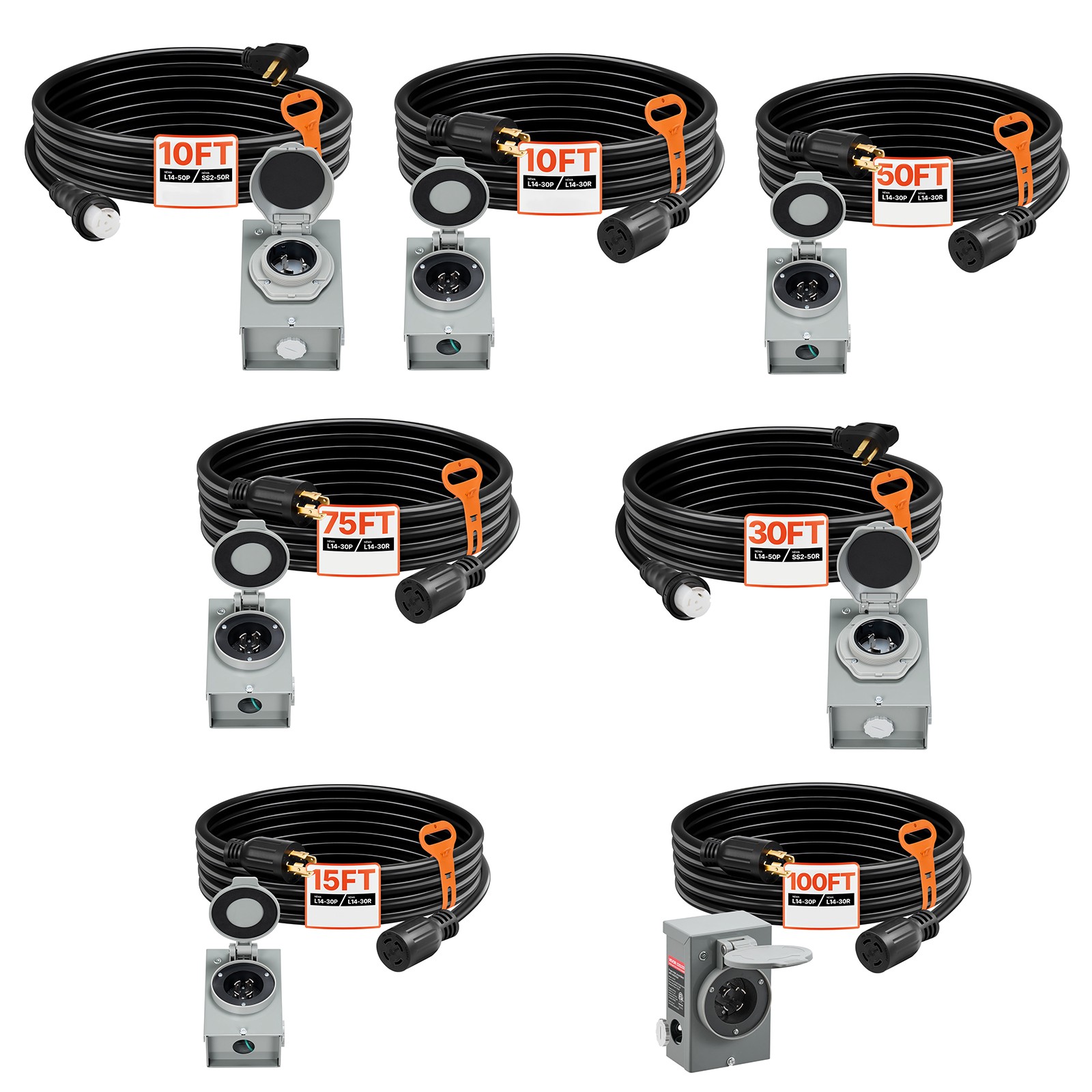 30/50 Amp 10/15/35/50/75FT Generator Cord with Power Inlet Box NEMA 14-50P