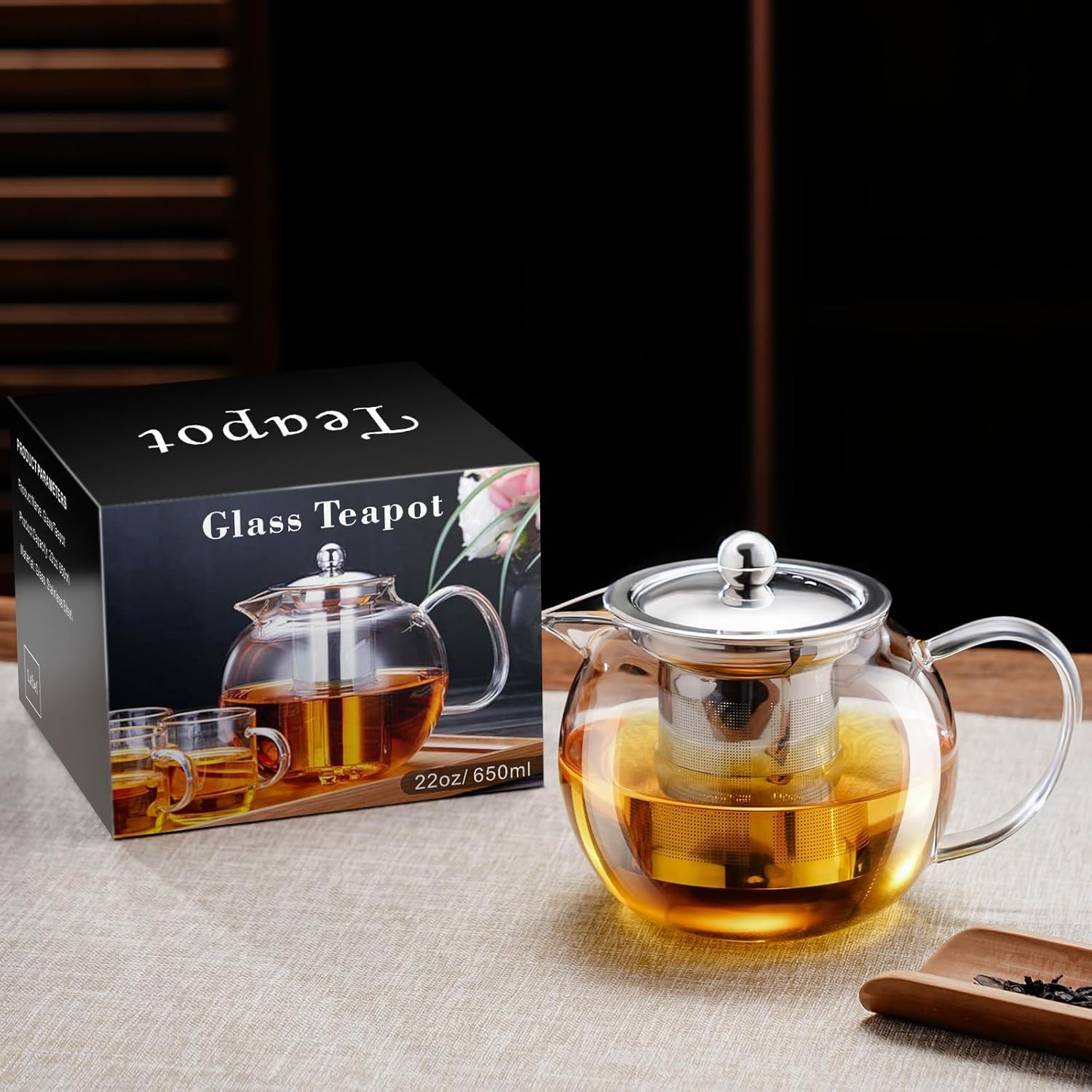 Clear Glass Tea Pot With Steel Infuser Leaf Teapot Stovetop Safe 22Oz 650ml