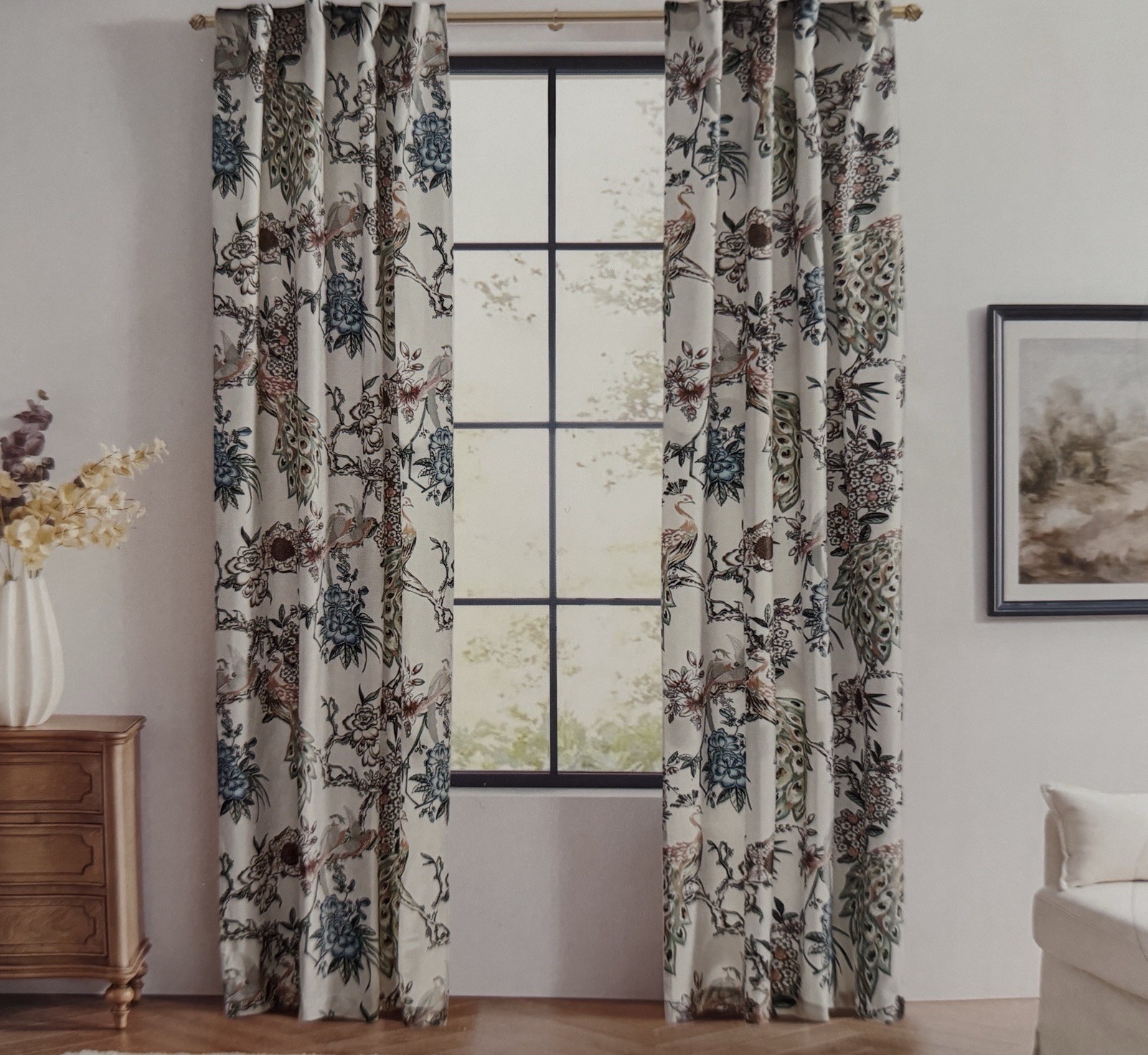 CALLISTO Window Curtains 2 Panels 38” X 84" Peacock Birds Drapers Back Top Ivory