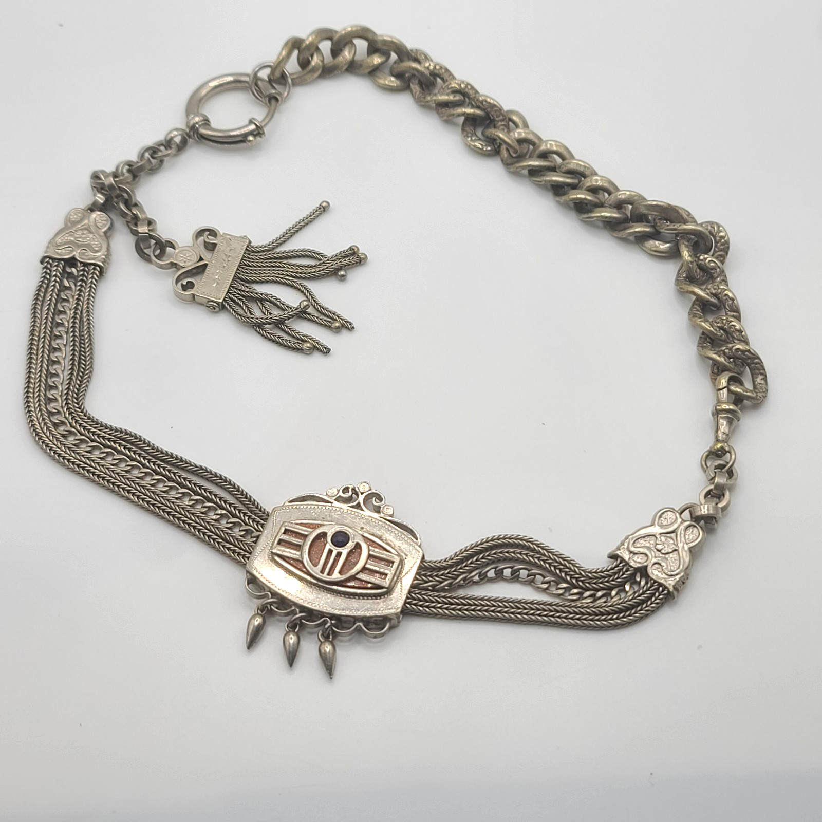 Vintage Slider Watch Chain Fob Gold Stone Fringe Silver Tone HEAVY NICE