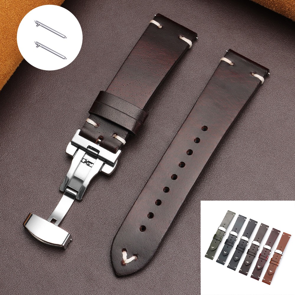 Genuine Leather Butterfly Buckle Watch Bands 18/20/22mm Waterproof Retro Oil Wax