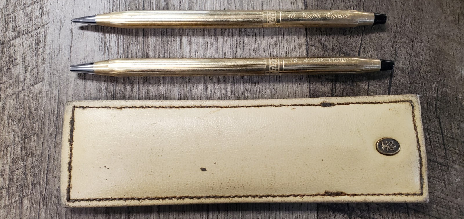 Cross 1/20 10k gold filled pen & pencil set blue ink greek border 10 year