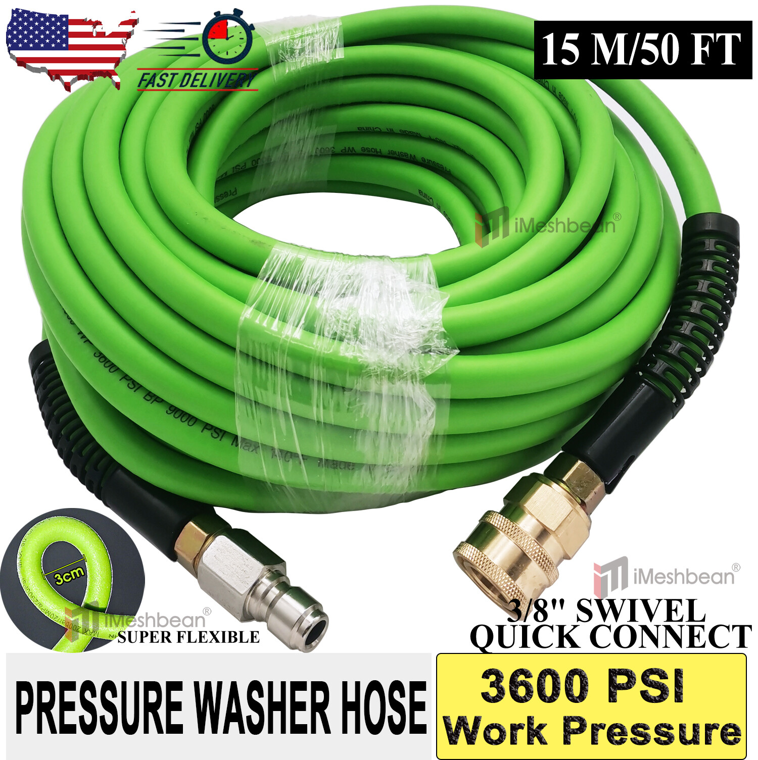 Kink Resistant Pressure Washer Hose 1/4"x25/50' 3600 PSI M22-14&15mm, or 3/8" QC