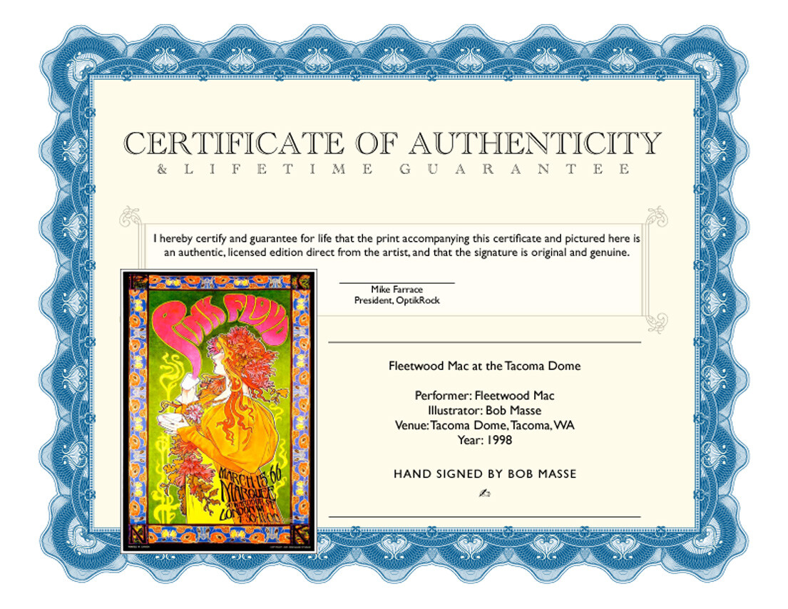 Hand Signed Pink Floyd Marquee Club Poster Mad Hatter Tea Party by Bob Masse COA