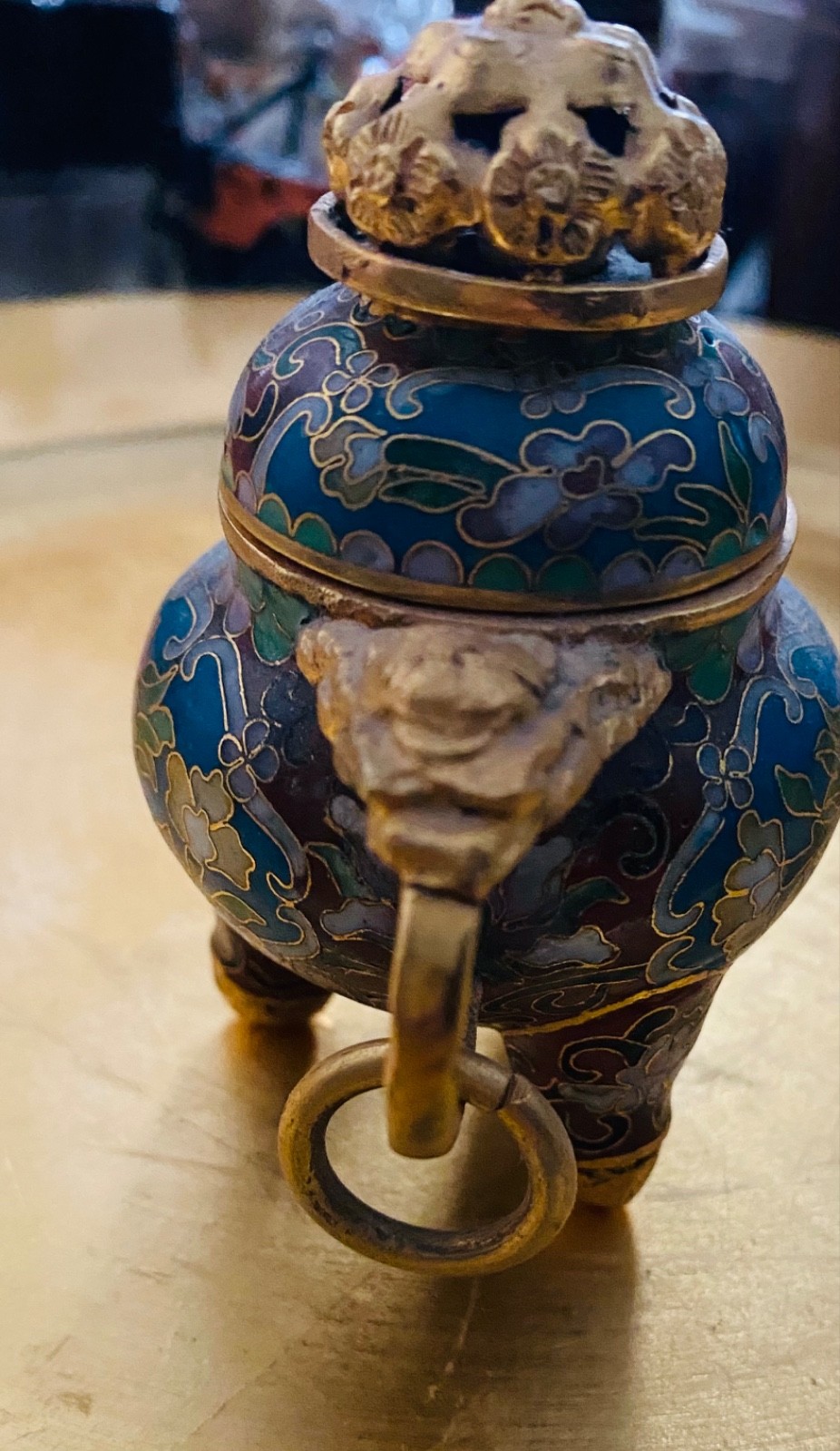 Vintage Chinese Incense Burner Cloisonne Enamel Gilt Bronze with Handles