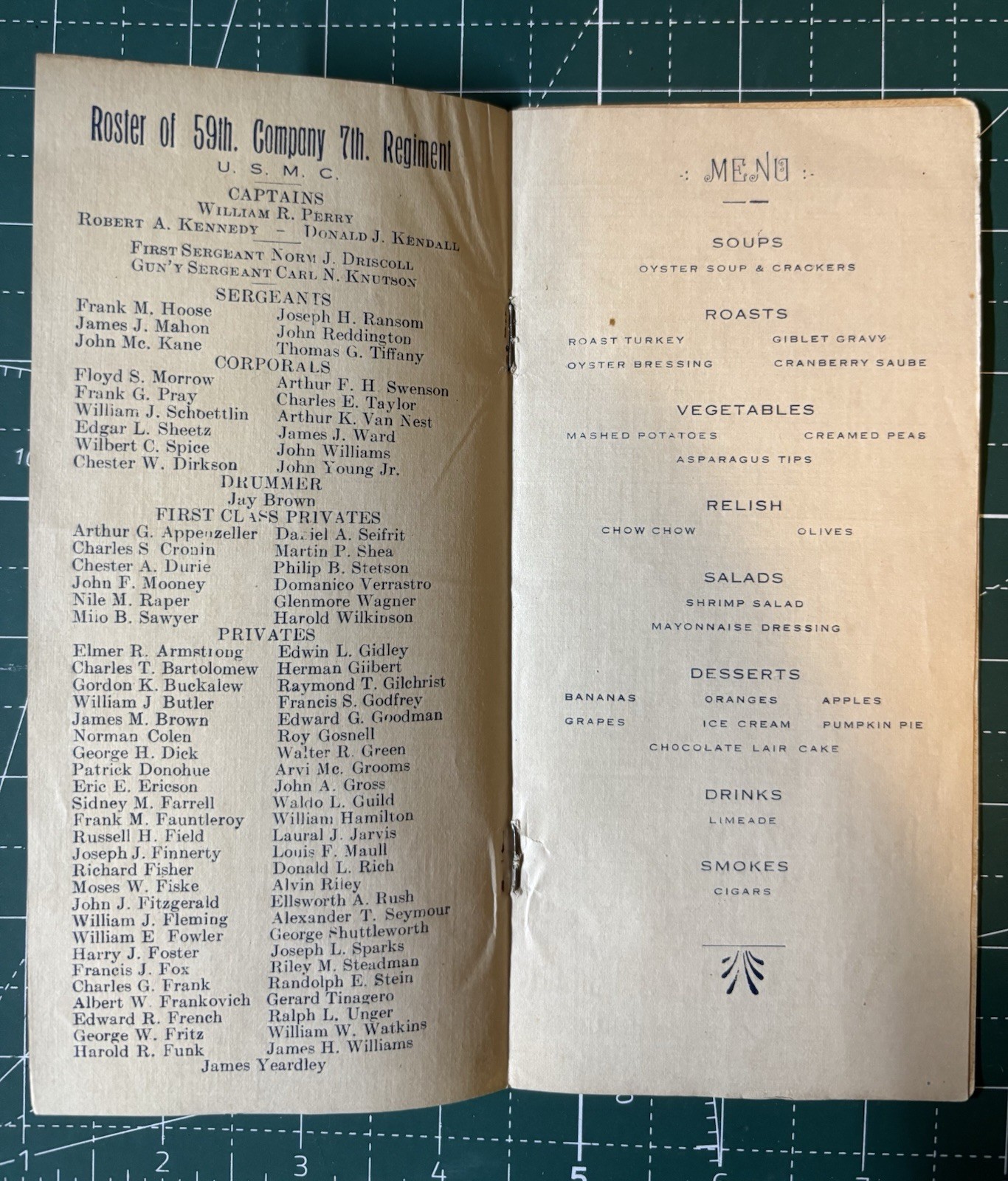 WW1 USMC Rare 59th CO 7th Marine Regiment Thanksgiving Menu 1918