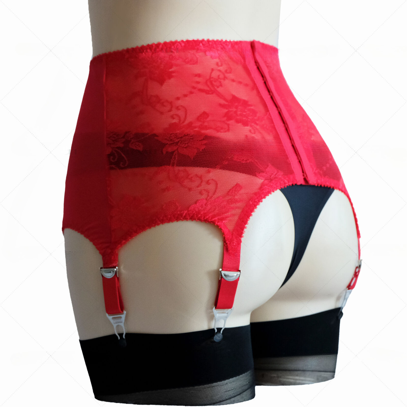 US Women Vintage Shiny Satin Lace Patchwork Garter Belt W/ 6 Straps Waist Girdle