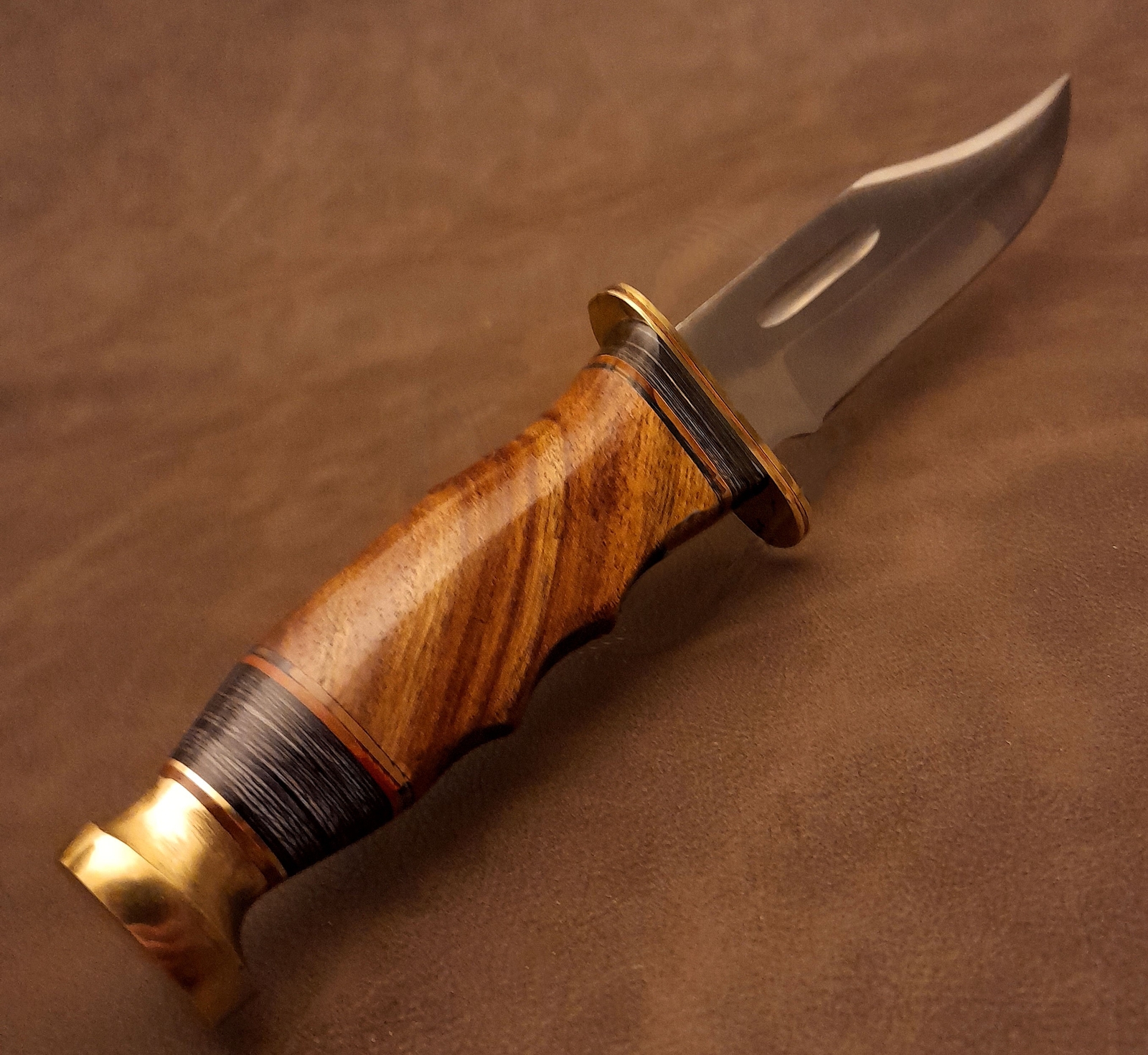 11.25" Real Figured Burl Walnut Hardwood Fixed Blade Bowie Hunter EDC Knife