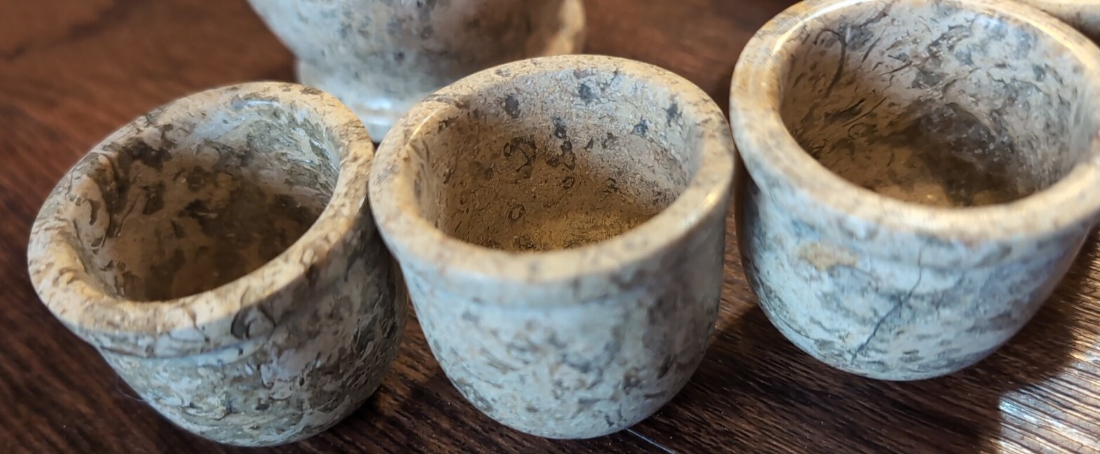 Vtg Marble Stone Tea Set: Pot + Six Cups Gray Brown Marble Patchwork