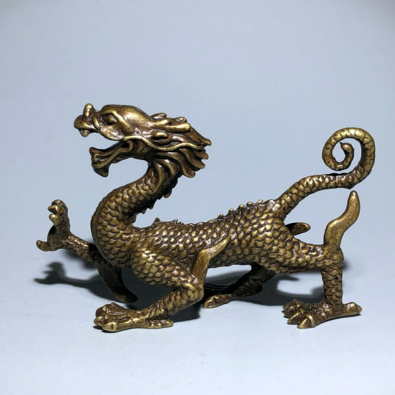 A+ Chinese Old Vintage Solid Brass Handwork Collectible Dragon Ornament Statue