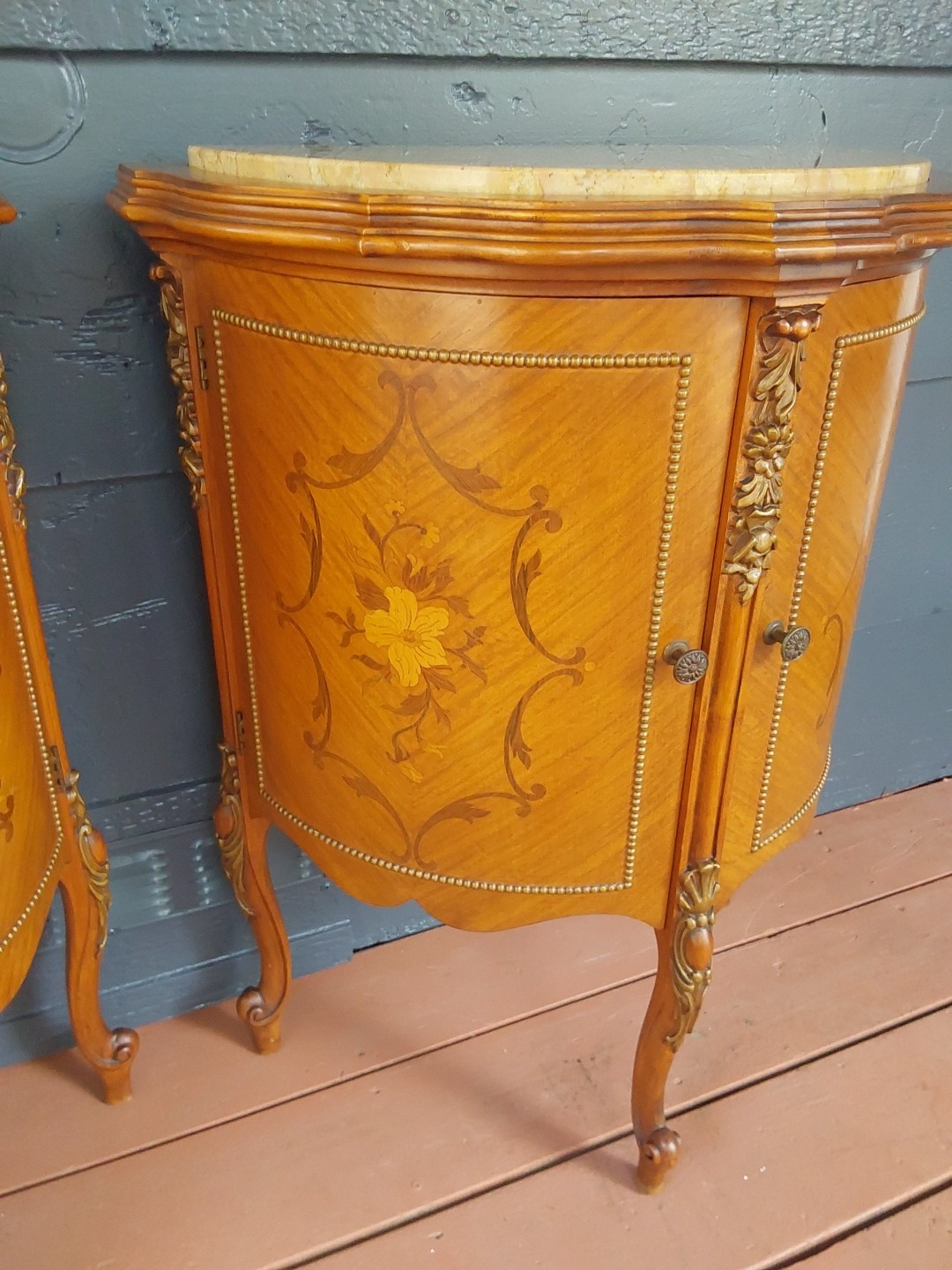 Vintage French Demilune Inlayed Wood End Tables w/Marble Tops 30 Tall X 23" Wide