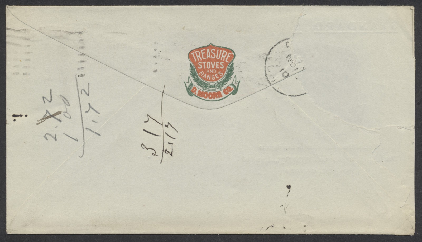 1910 Moore Treasure Stoves Advertising Cover Hamilton Back Faults