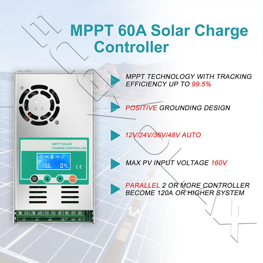 US STOCK 60AMP MPPT Solar Charge Controller 12V 24V 36V 48V DC Battery Regulator