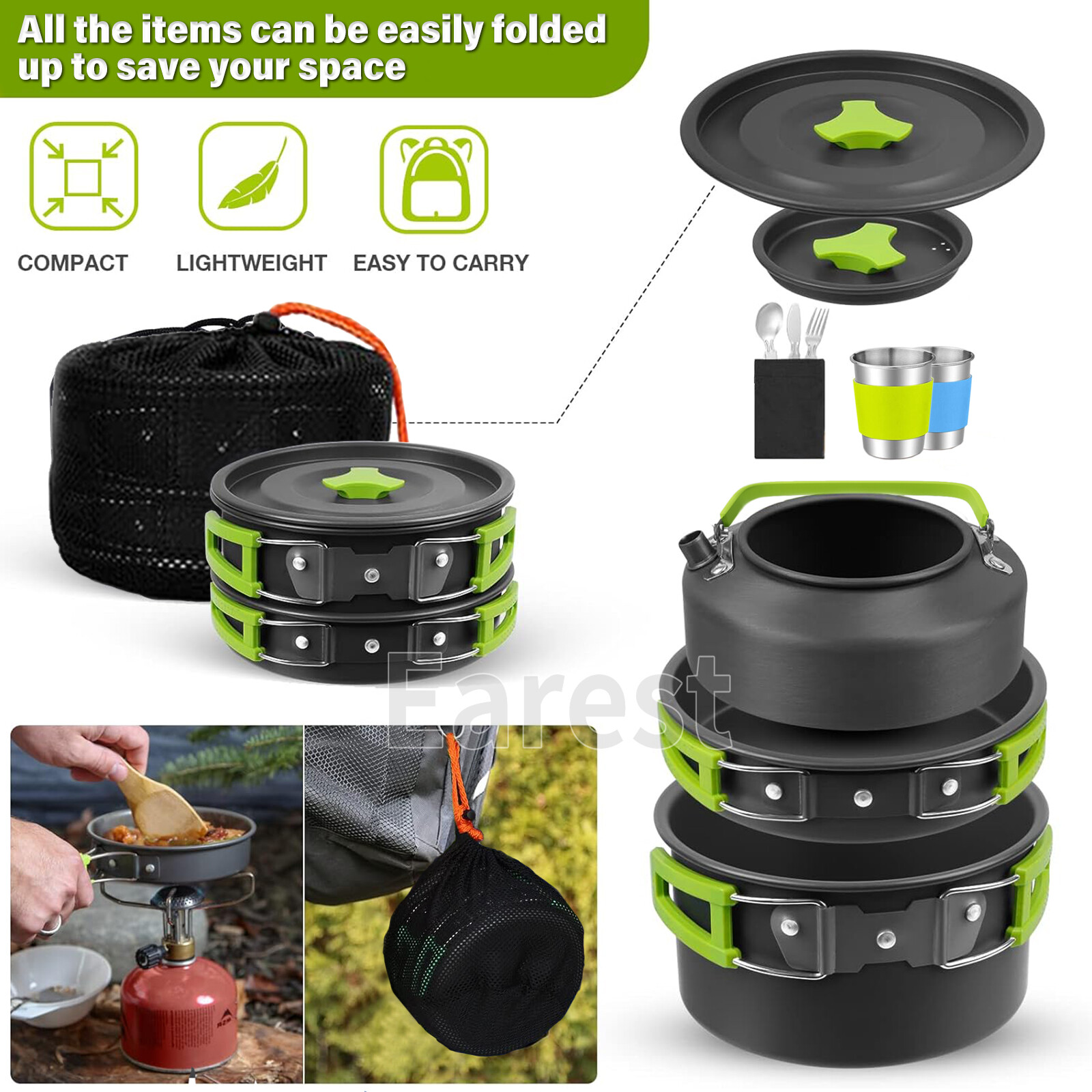 13Pcs Portable Camping Cookware Mess Kit Hiking Kettle Cooking Bowl Pot Pan Set