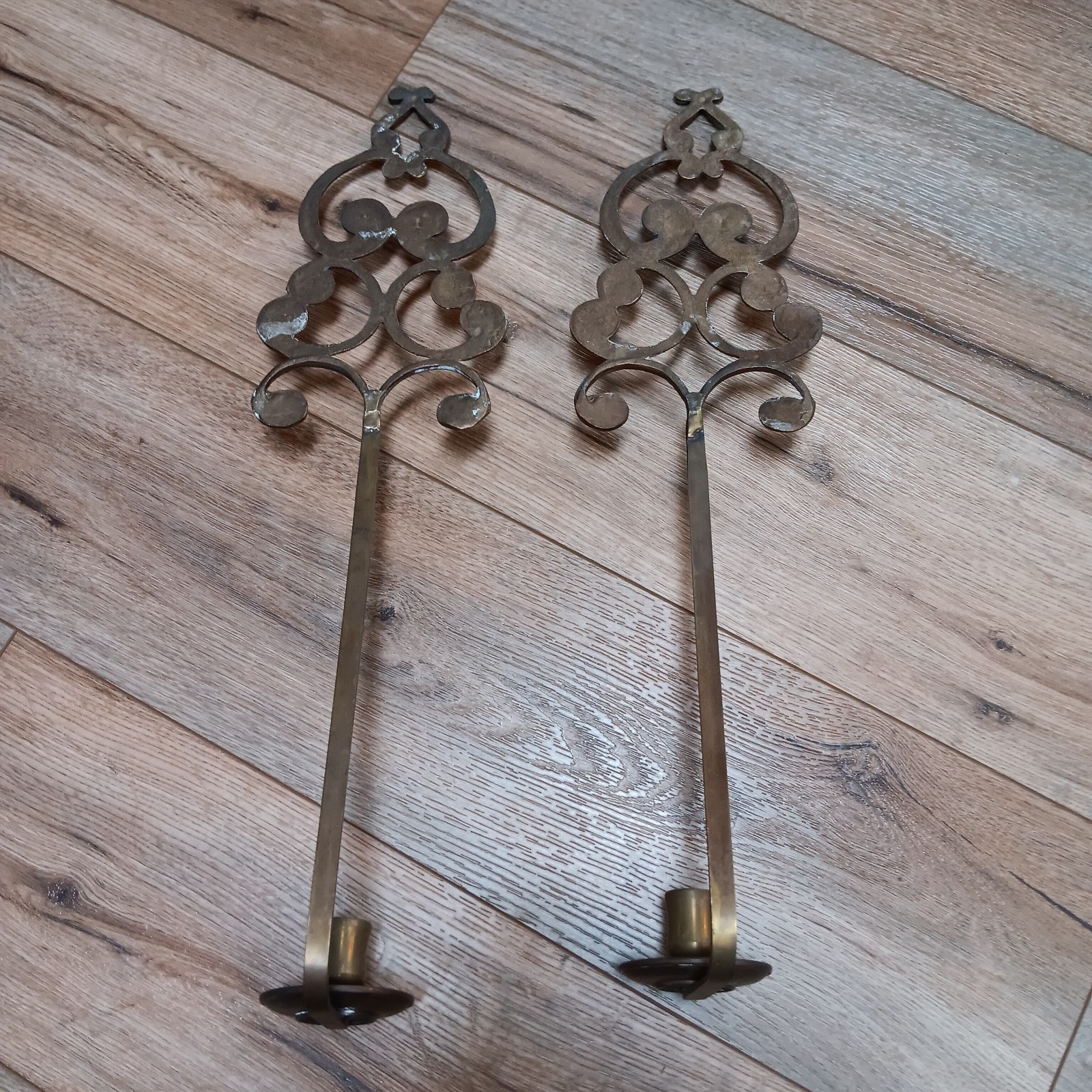 Set Of 2 Lg Vintage Brass Candle Holder 20” Wall Sconces Key Hole Scroll Design