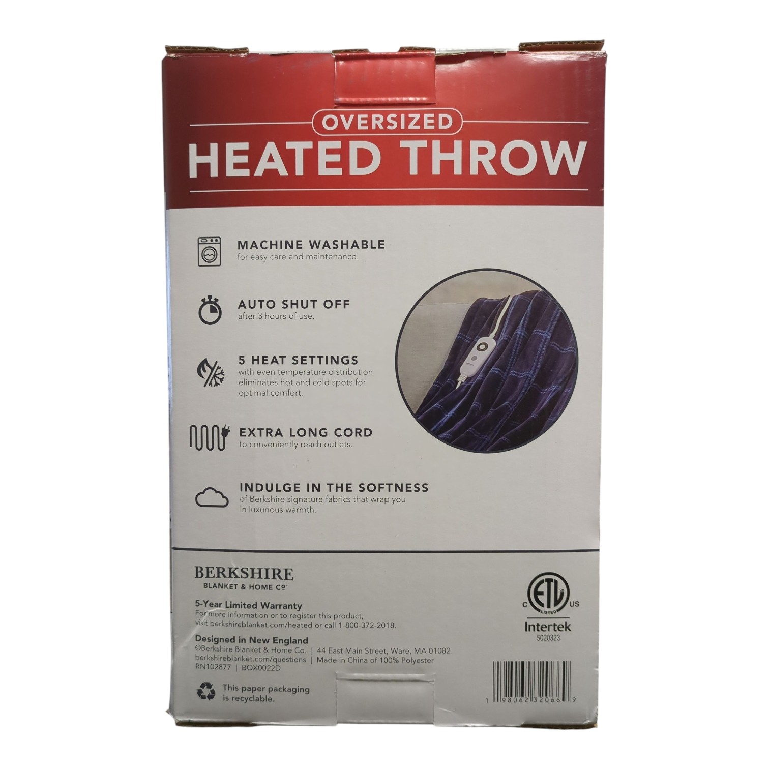 Berkshire Oversized Heated Throw with Auto Shut Off, 60"x70", Navy