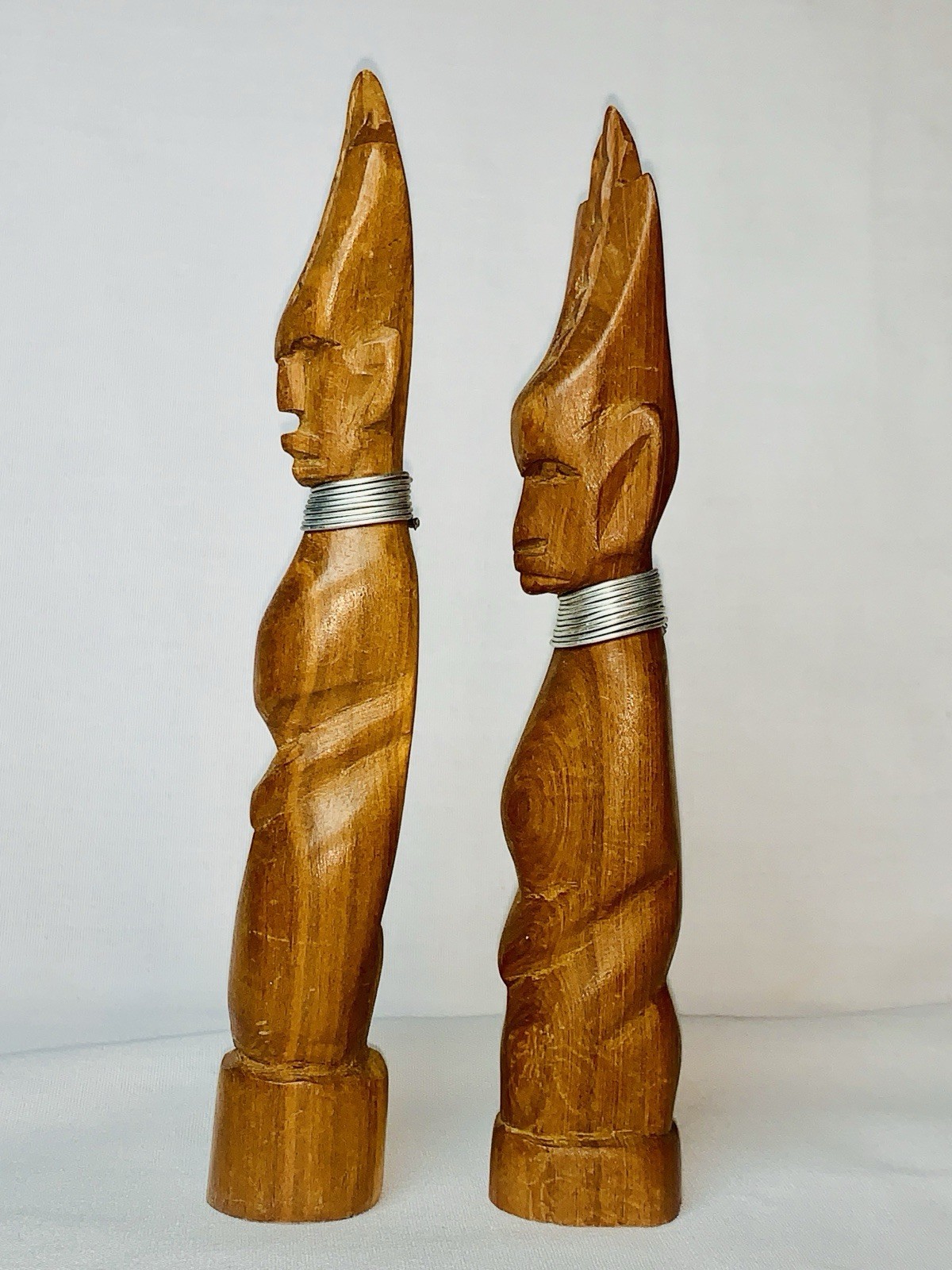 Vtg MCM African Hand Carved Teak Wood Tribal Figurine Statue Pair 7.5" Kenya