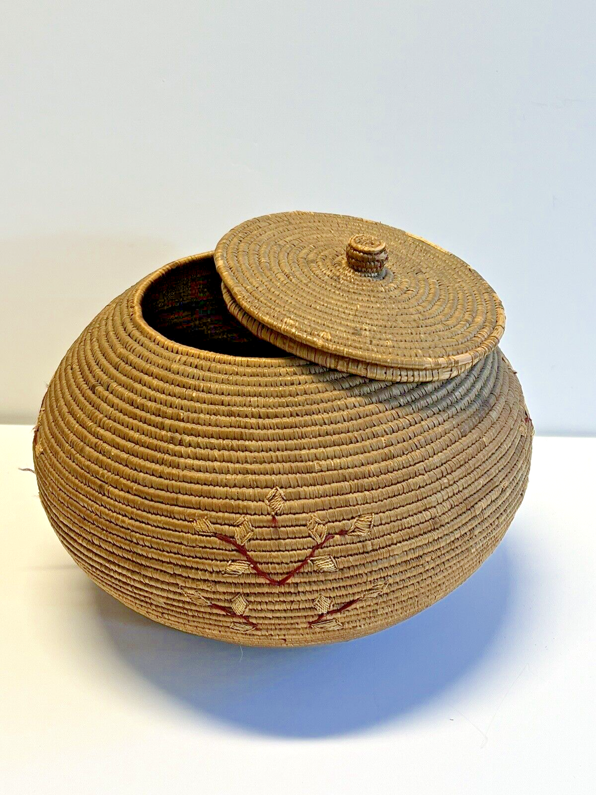 Native American Alaskan Indian Inuit Basket; Embroidery; Large; Late 1800's