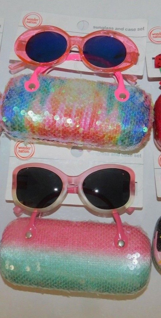 Girls Kids Sunglasses and Sunglass Case Set Pink Sparkly Glitter Rainbow