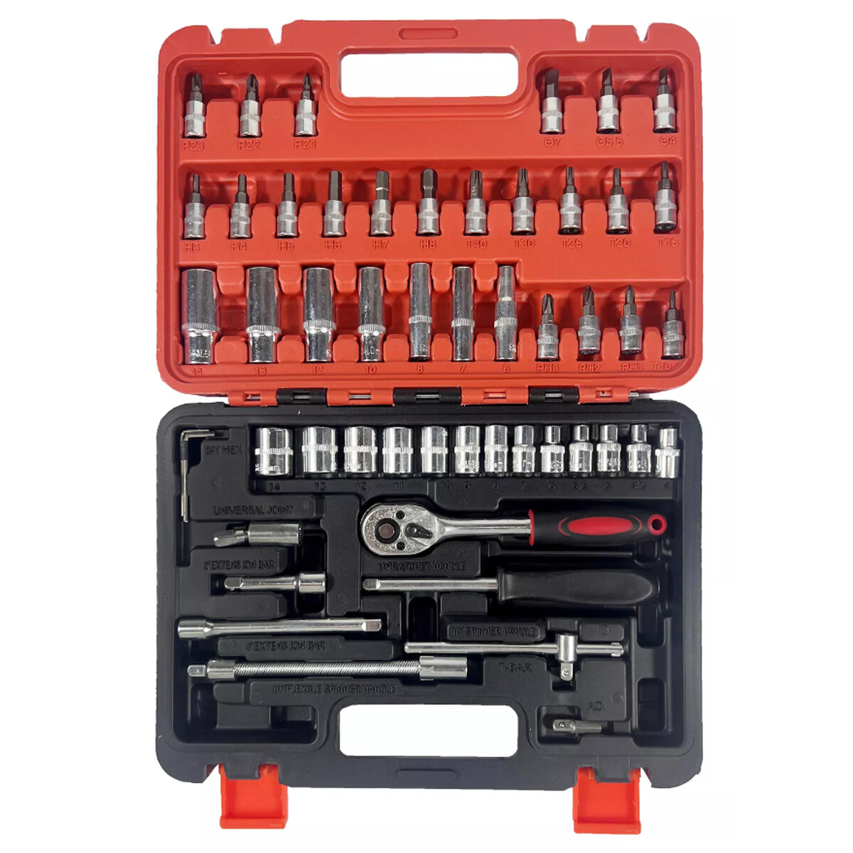 53 Pc SAE and Metric Mechanics Tool Set and Ratchet Socket Set 1/4in 3/8in Drive