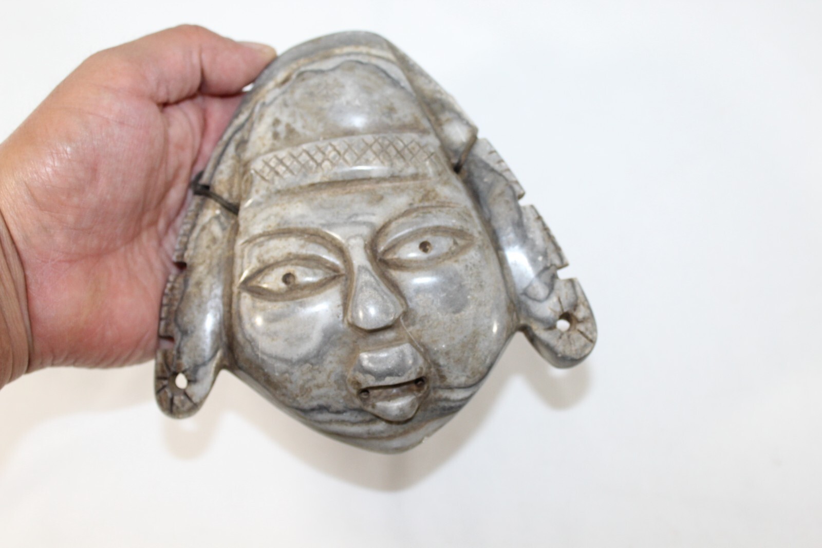 Mayan Aztec Mexican Hand Carved Alabaster Stone Mask 5.75" Sculpture Wall Plaque