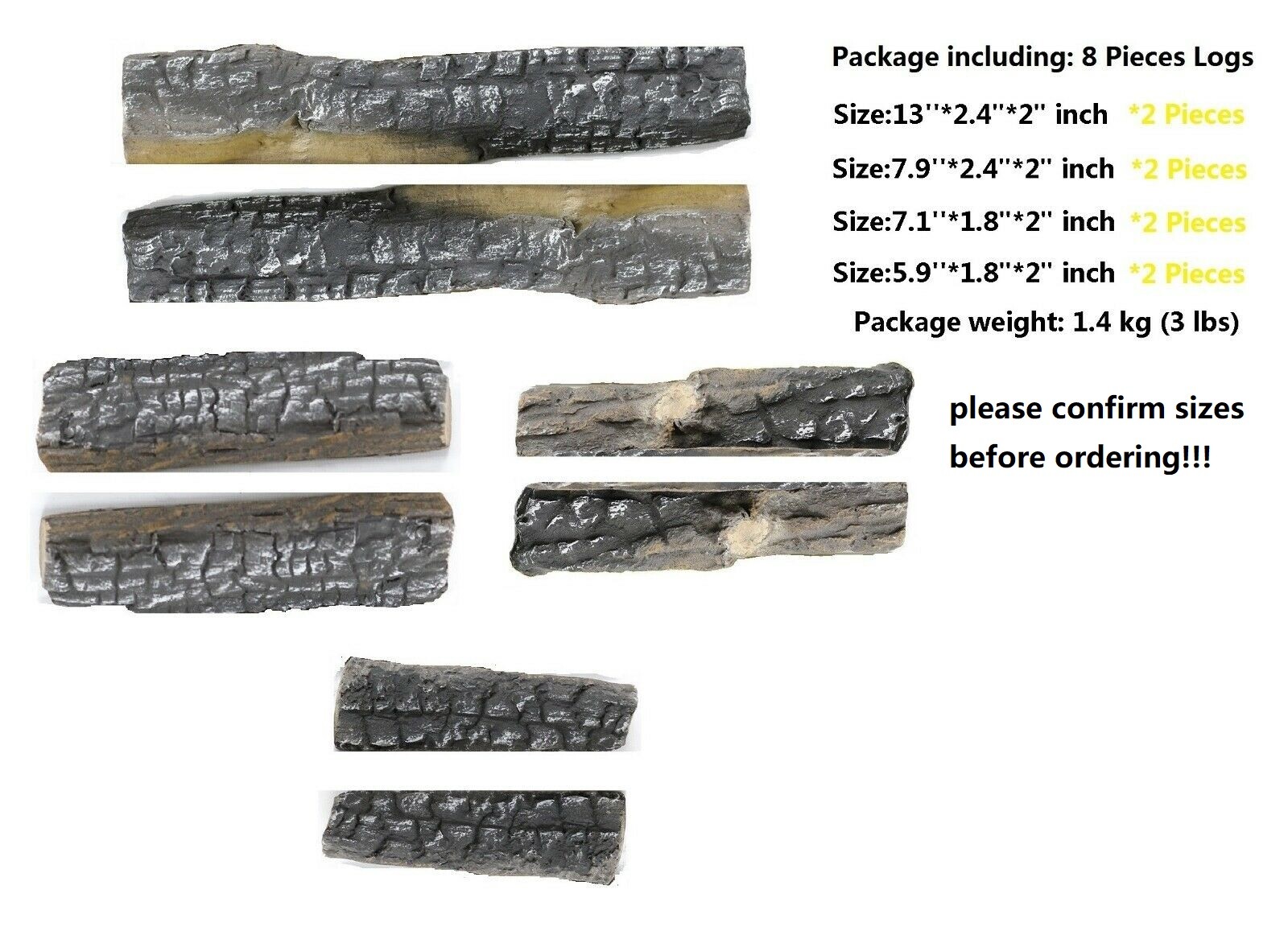 8 Piece Decorative Realistic Flame Petite Ceramic Wood Fireplace Firepit Log Set