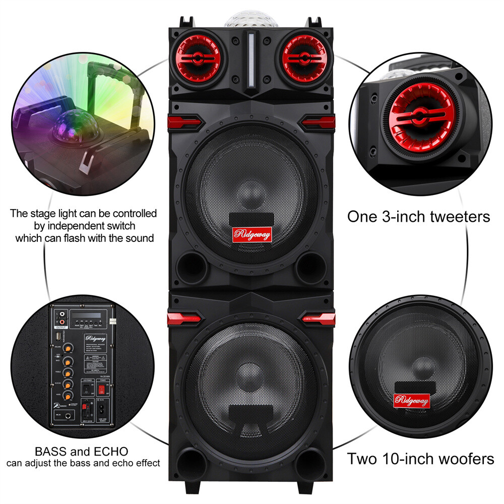 9000W Bluetooth Speaker Dual 10" Woofer Rechargable Party FM Karaok DJ LED AUX