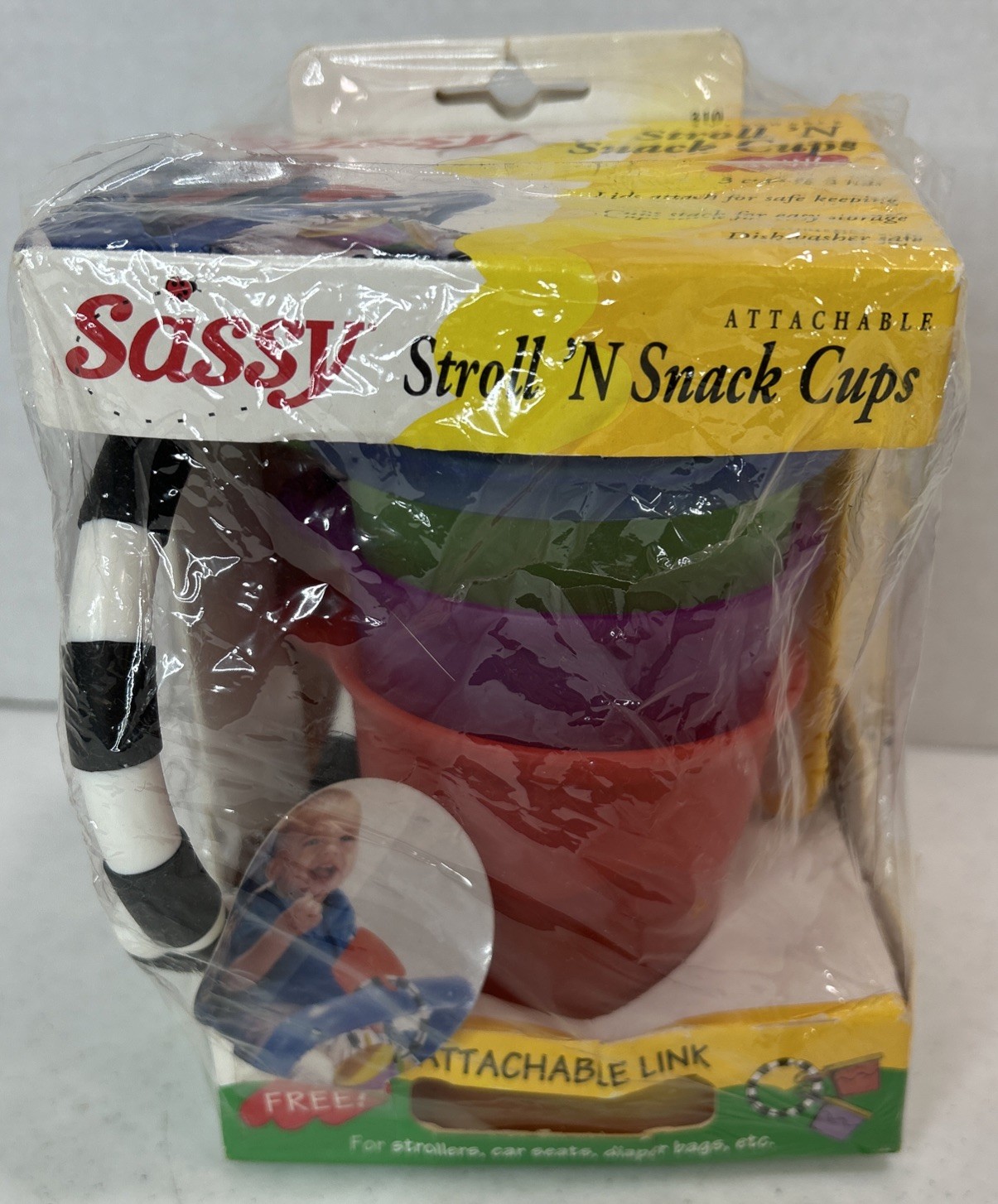 Vintage 1998 Sassy Stroll N’ Snack Cups (3 Colored Cups/Lids) Attachable! New!