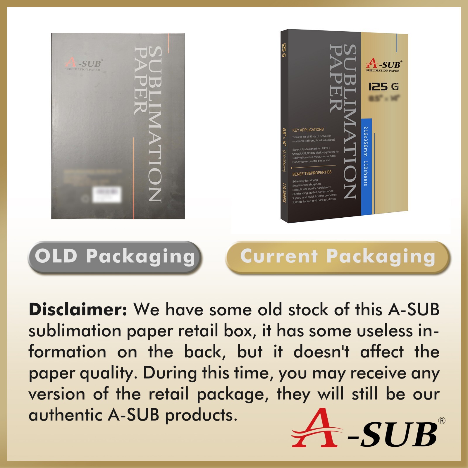 A-SUB Sublimation Paper 8.5x14 125g 110 Sheets for Inkjet Printer Heat Transfer