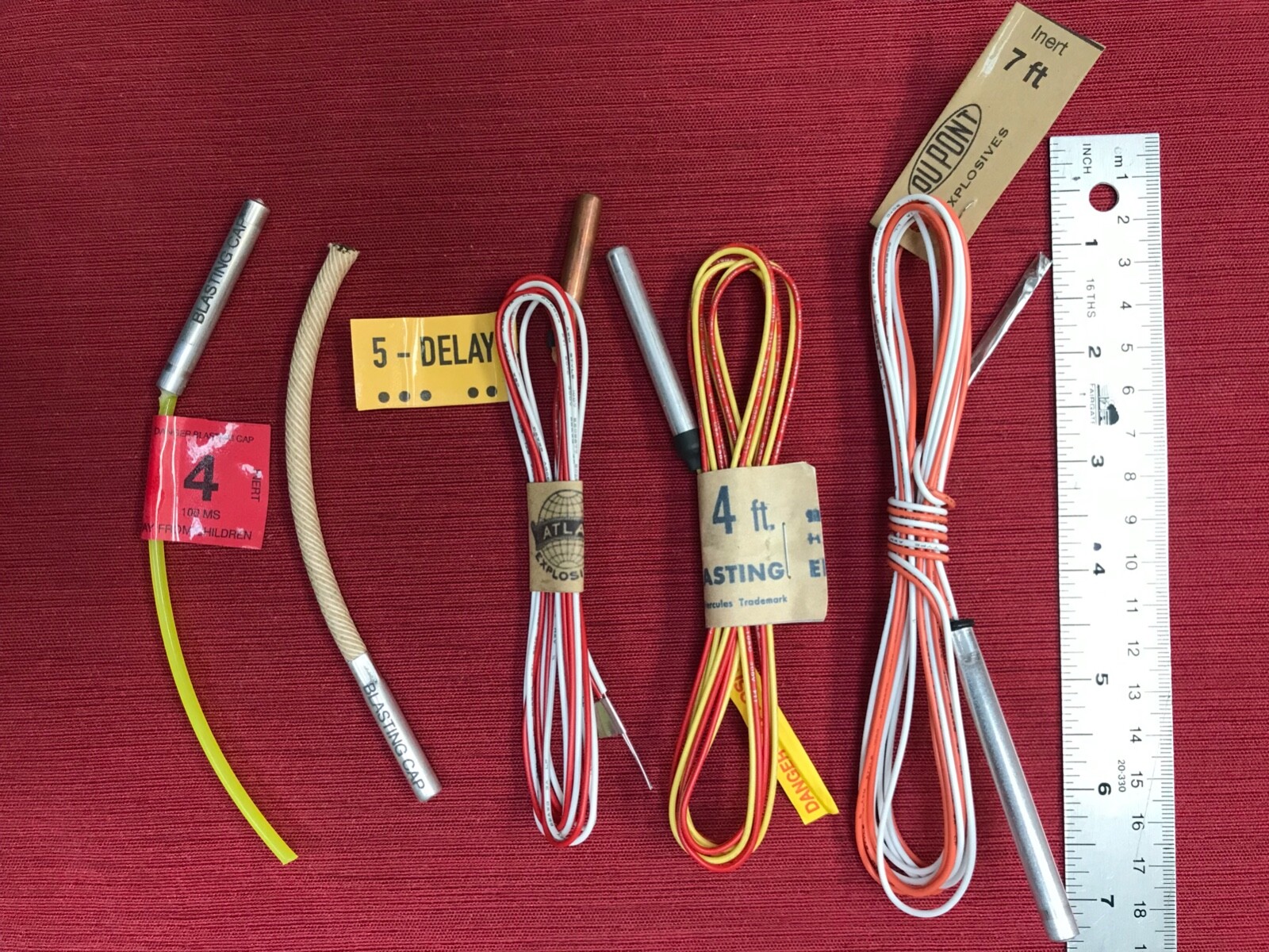 Set of 5 different inert blasting caps for mining display, movie prop, airsoft