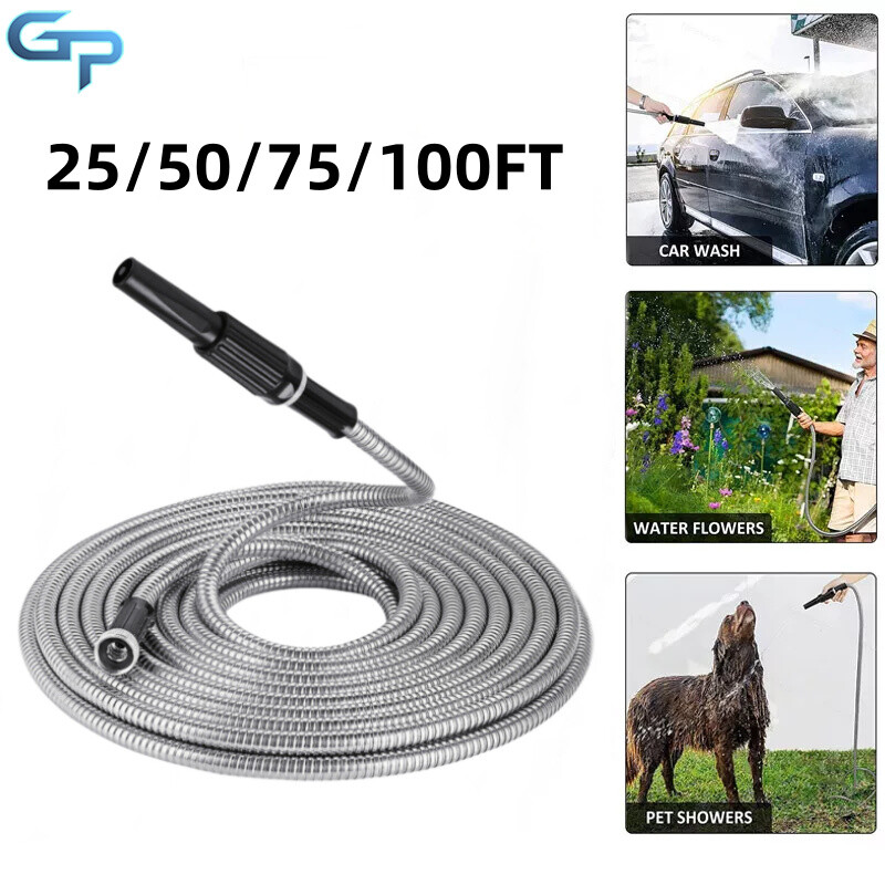 25/50/75/100FT Stainless Steel Metal Garden Water Hose Pipe Flexible Lightweight
