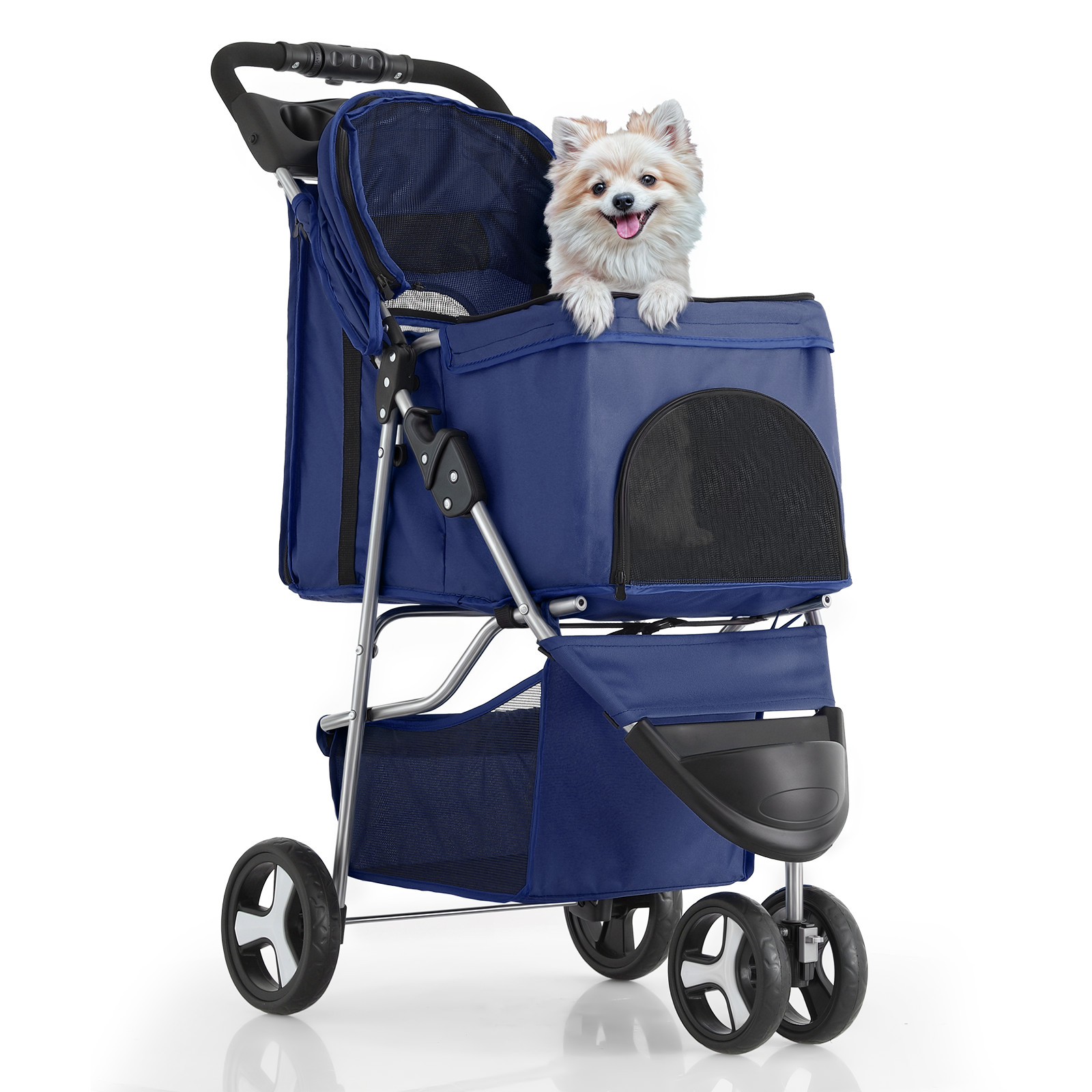 Blue Foldable Dog Stroller Small Medium Pet Travel Cage Carrier Cart w/Sunshade