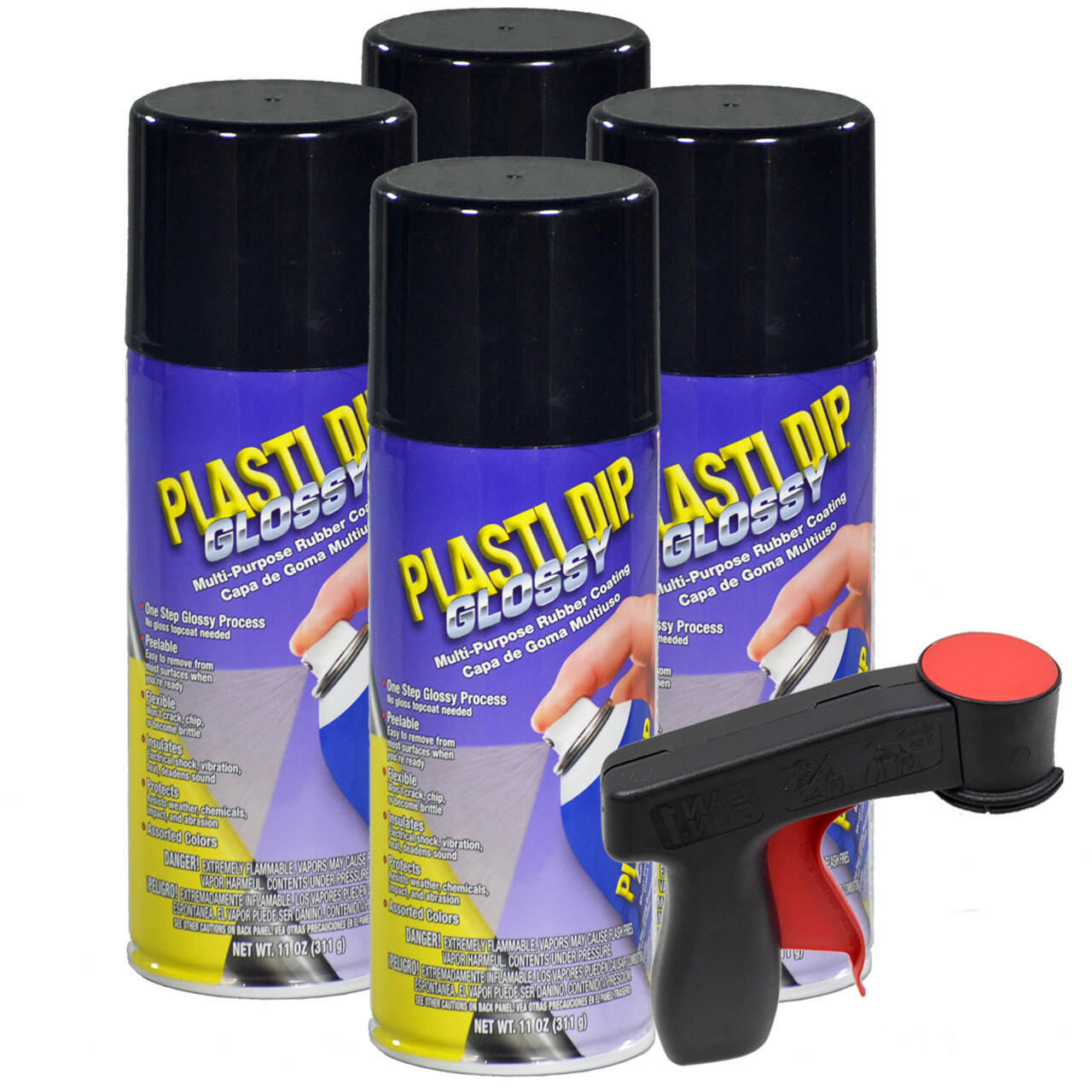 Plasti Dip Glossy, 11 oz Aerosol, BLACK, Pack of 4 cans with bonus Cangun Tool