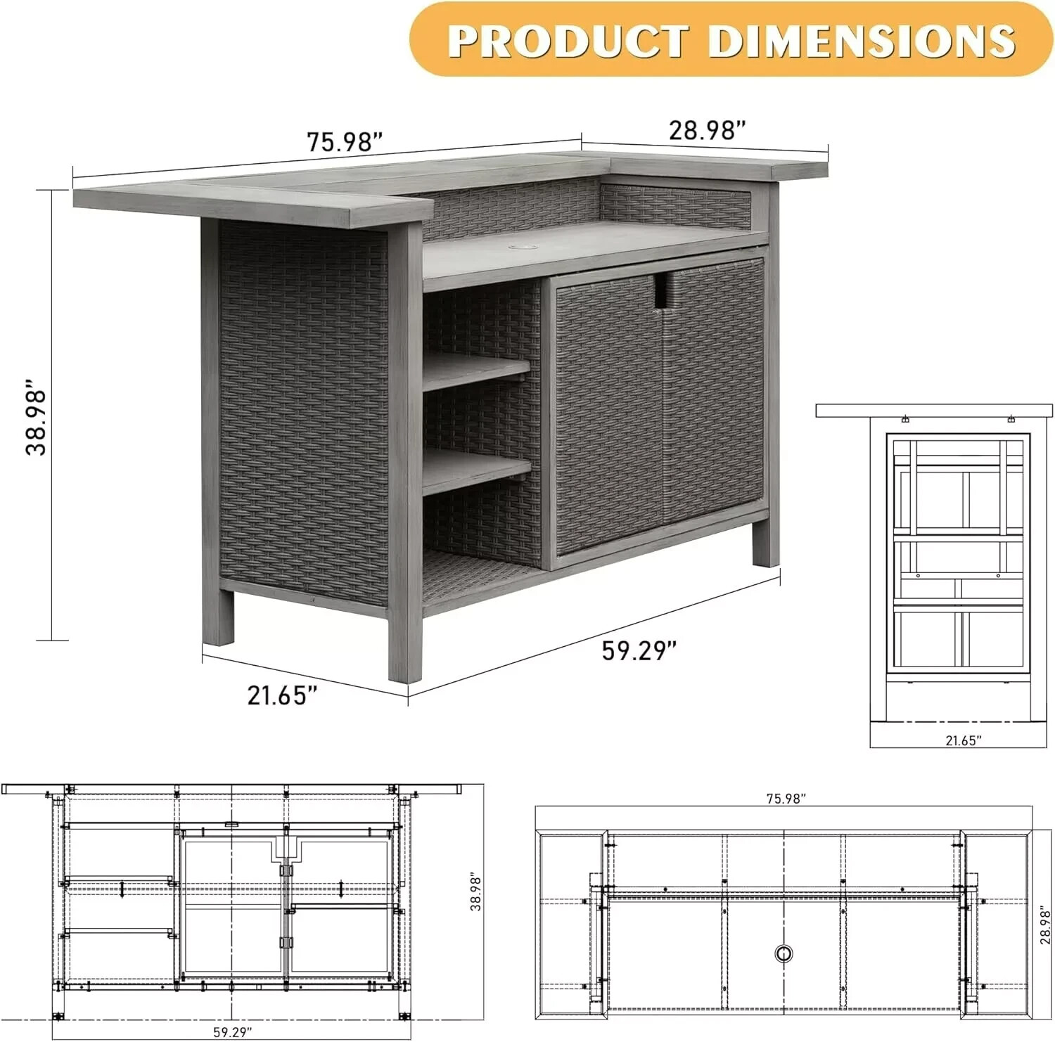 Domi Outdoor Home Bar Unit,Wicker Bar Table with Aluminum Frame,Grill Table