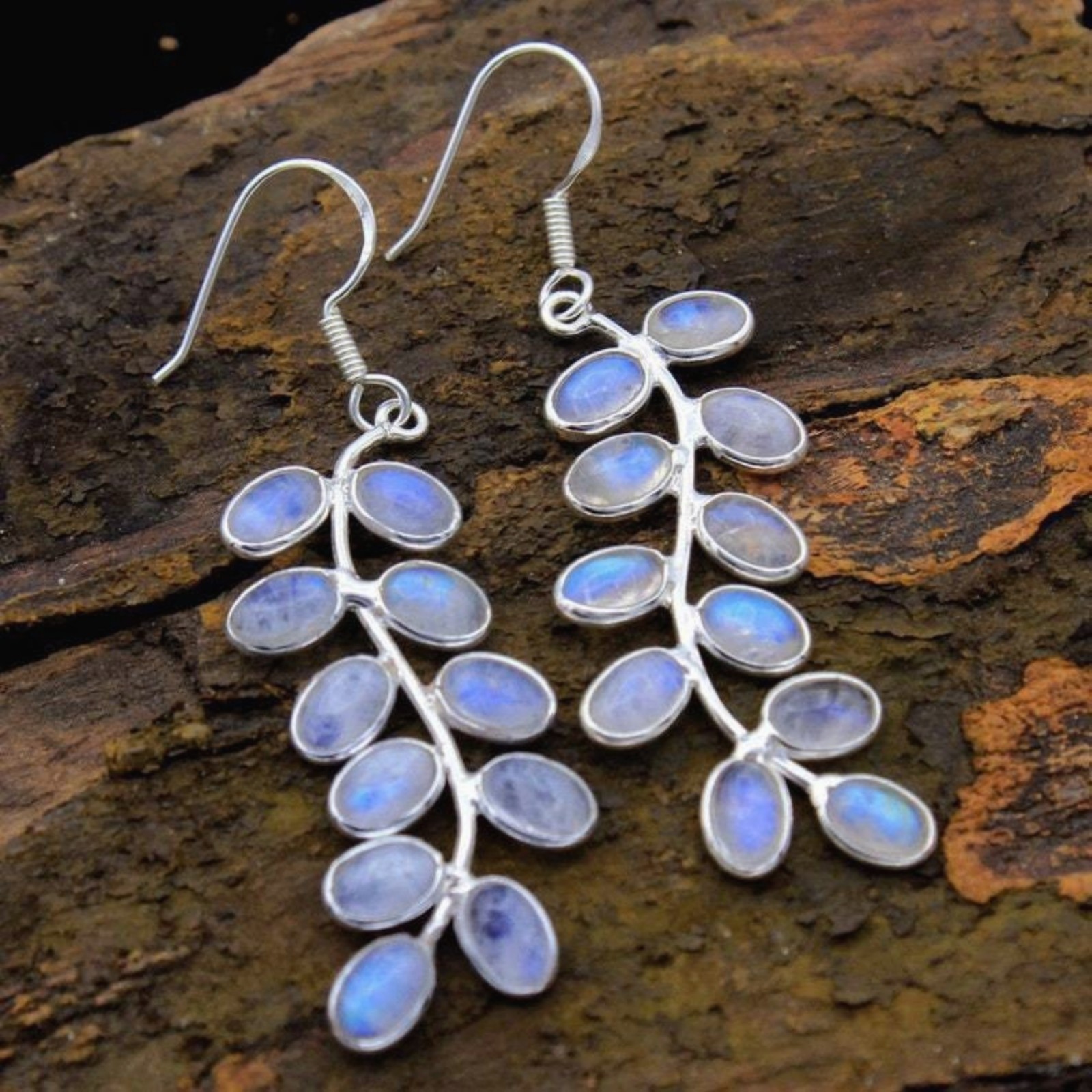 Women's Oval Moonstone Cluster Leaf Silhouette Silver Plated Dangle Earrings