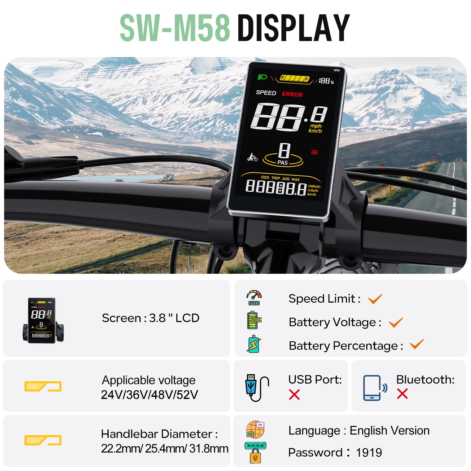SW2-M58 EBike Display 3.8" Screen 0-9 PAS for BAFANG Mid Motor UART Protocol US