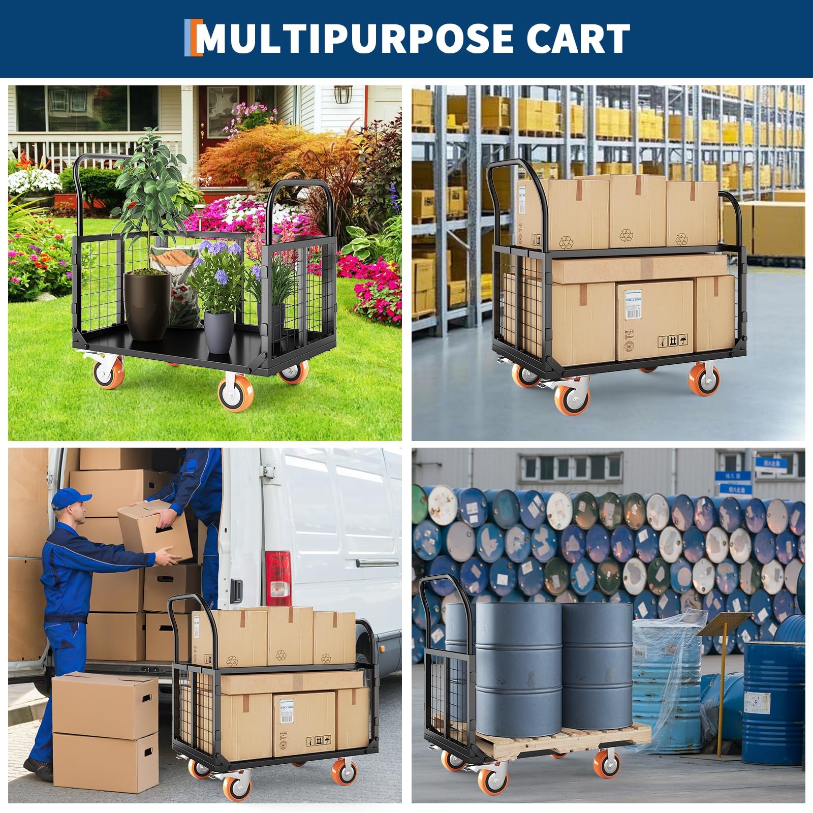 Platform Truck Cart with Cage 6 in 1 Heavy Duty Push Cart Dolly 1800LBS Capacity