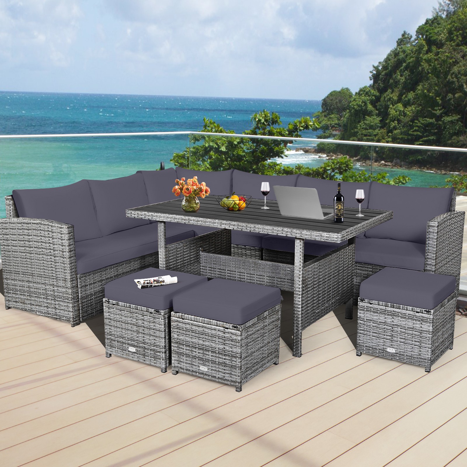 7PCS Rattan Patio Sectional Sofa Set Conversation Set w/ Grey Cushions