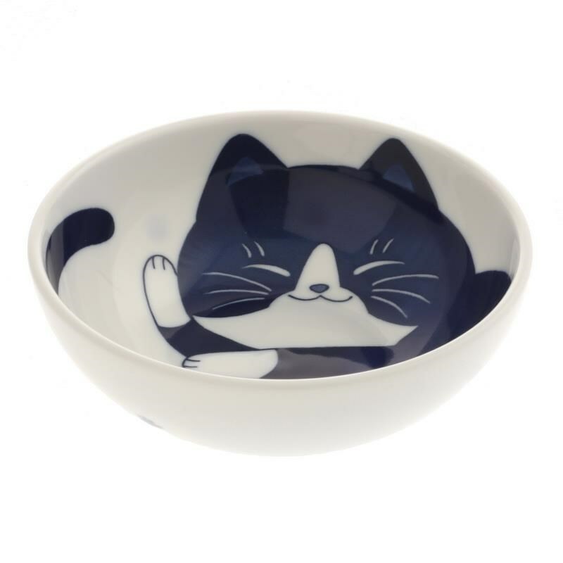 Japanese Rice Soup Dessert Bowl 4-7/8"D Porcelain Blue Tuxedo Cat Made in Japan