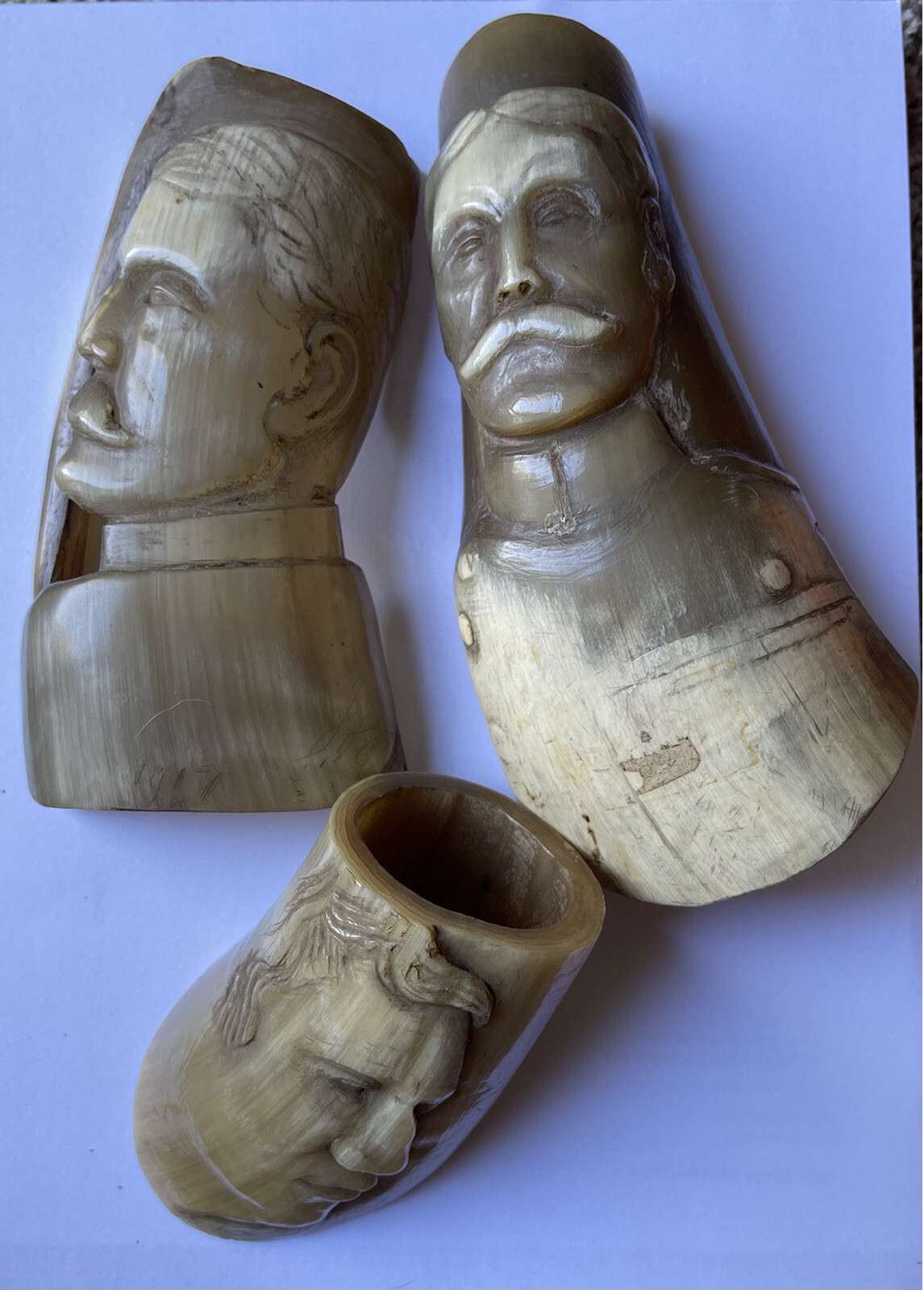Antique WWI Carved Horn Head Military Soldiers Officers German Folk Trench Art