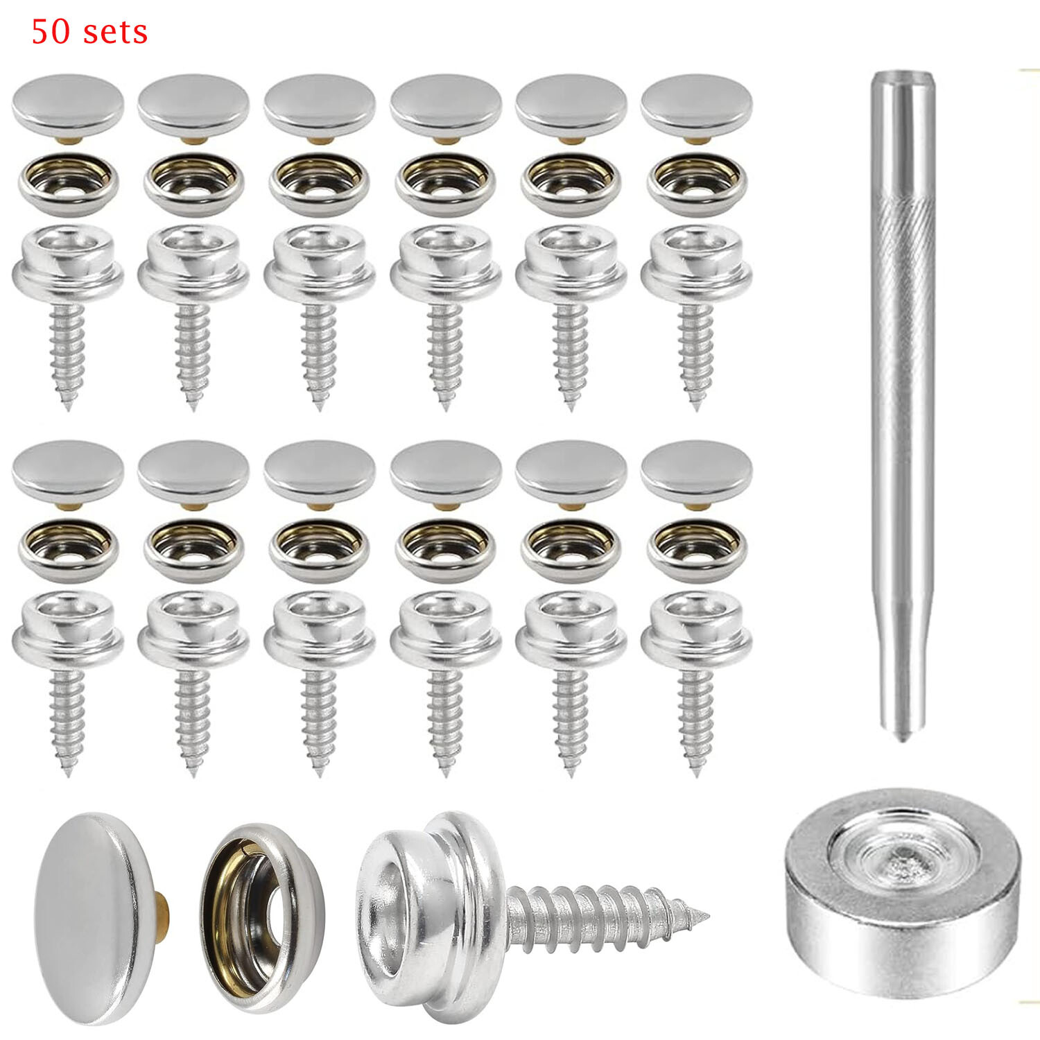 50 sets Fastener Snap Press Stud Cap Buttons With 2 Tools for Marine Boat Canvas