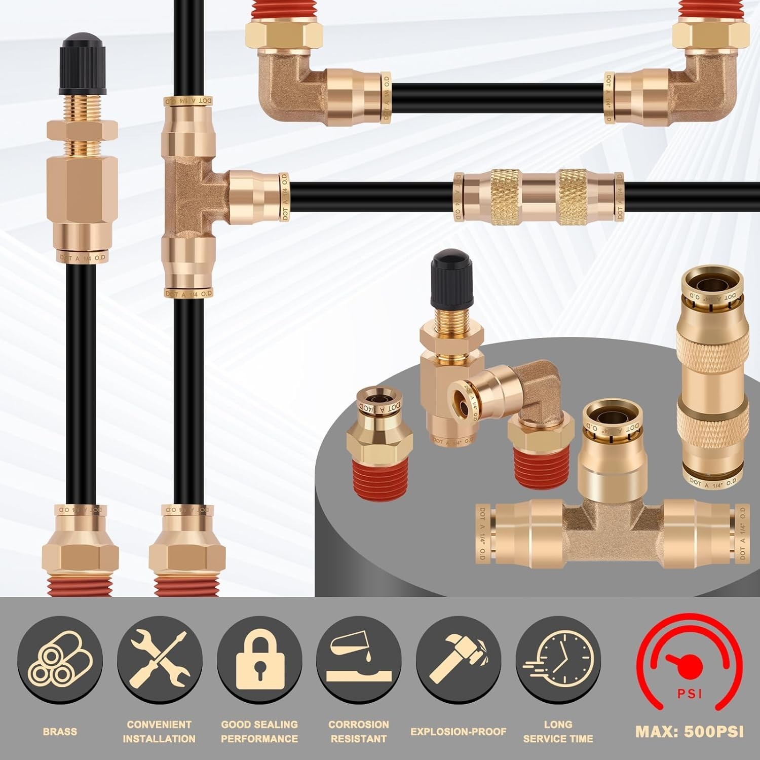 Air Suspension Bags DOT 1/4" Air Line Hose 50FT Brass Fittings Kit 10PC Rv&Truck