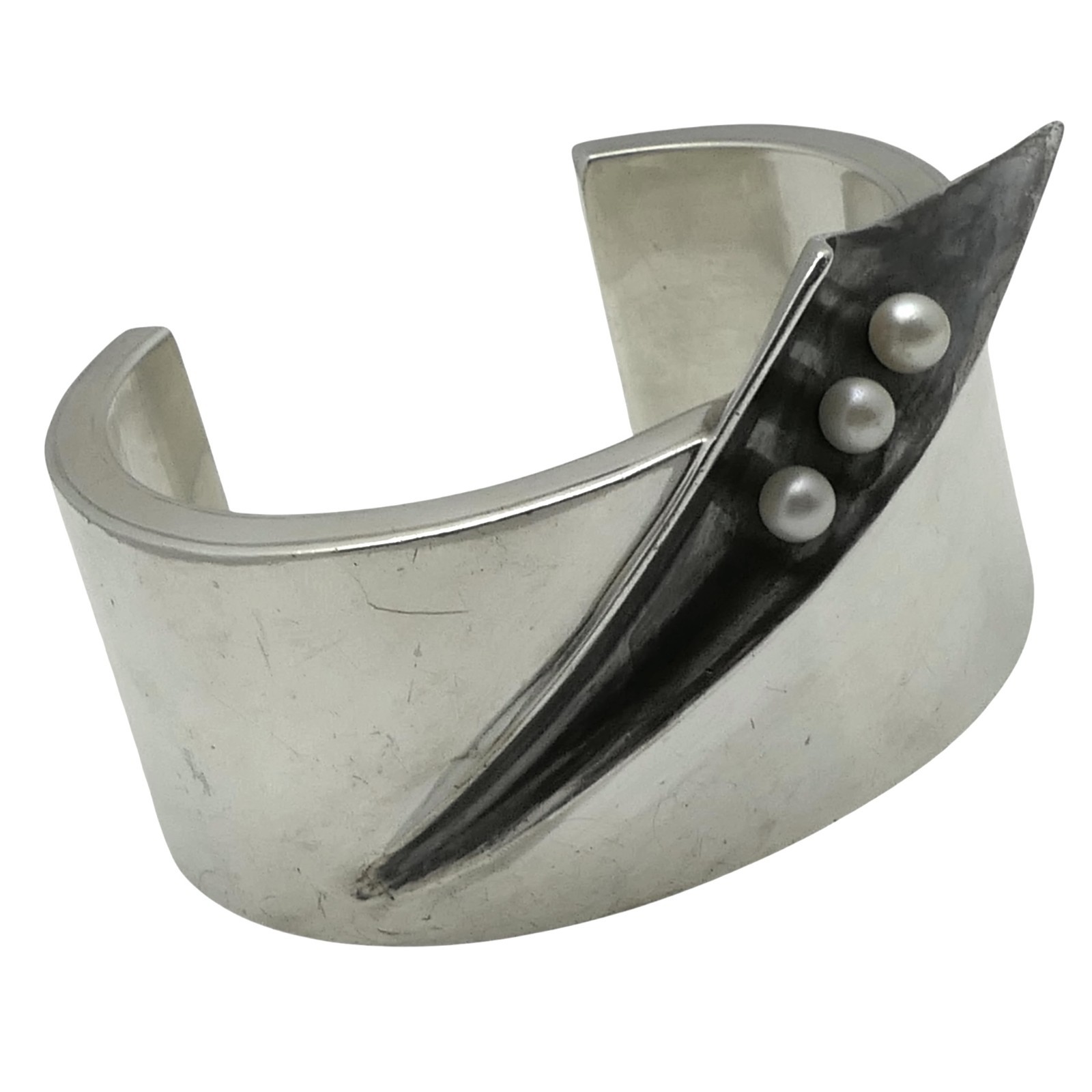 Antonio Pineda Sterling Silver & Pearl Taxco Mexican Cuff Bracelet 111Gr