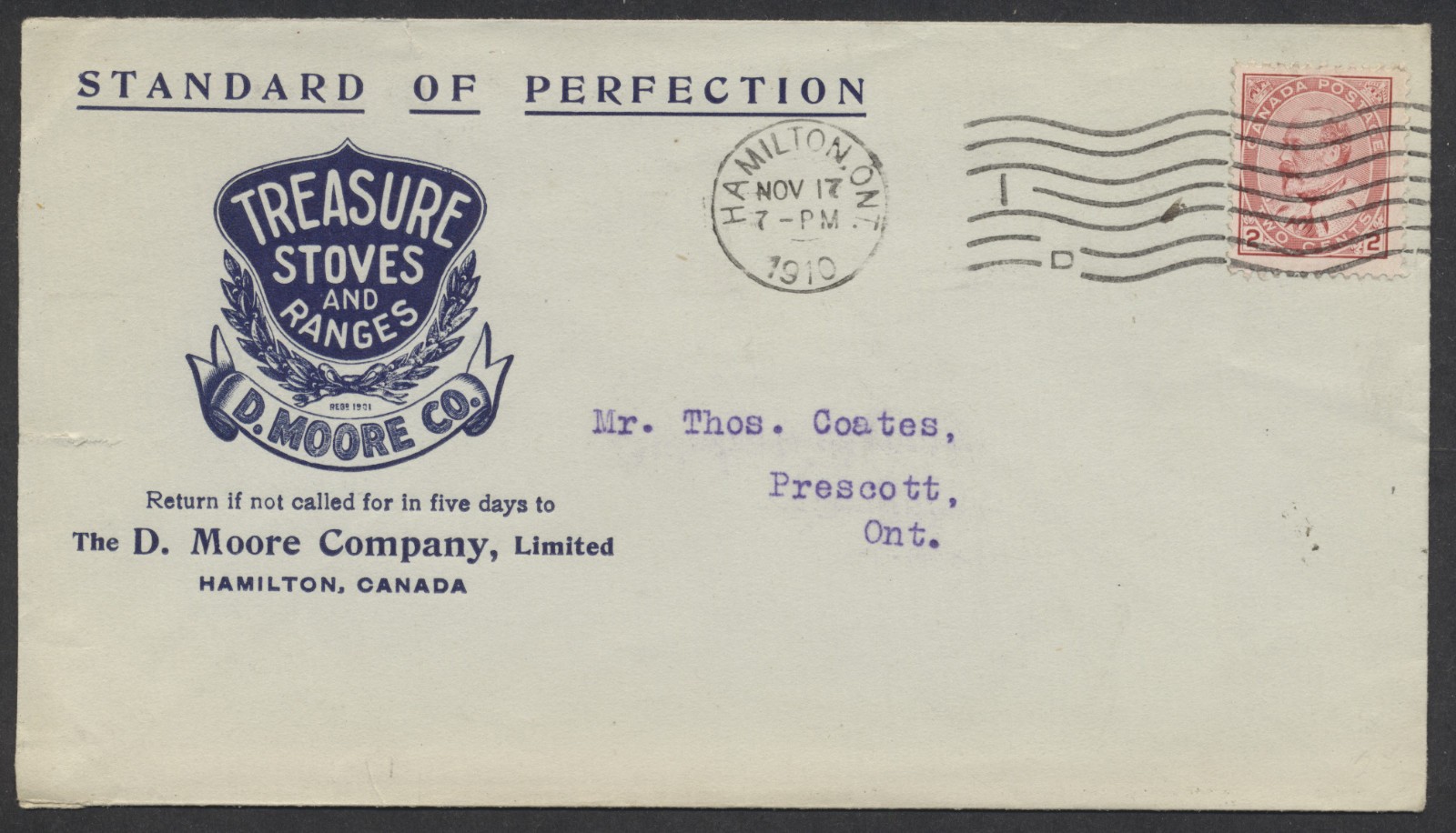 1910 Moore Treasure Stoves Advertising Cover Hamilton Back Faults