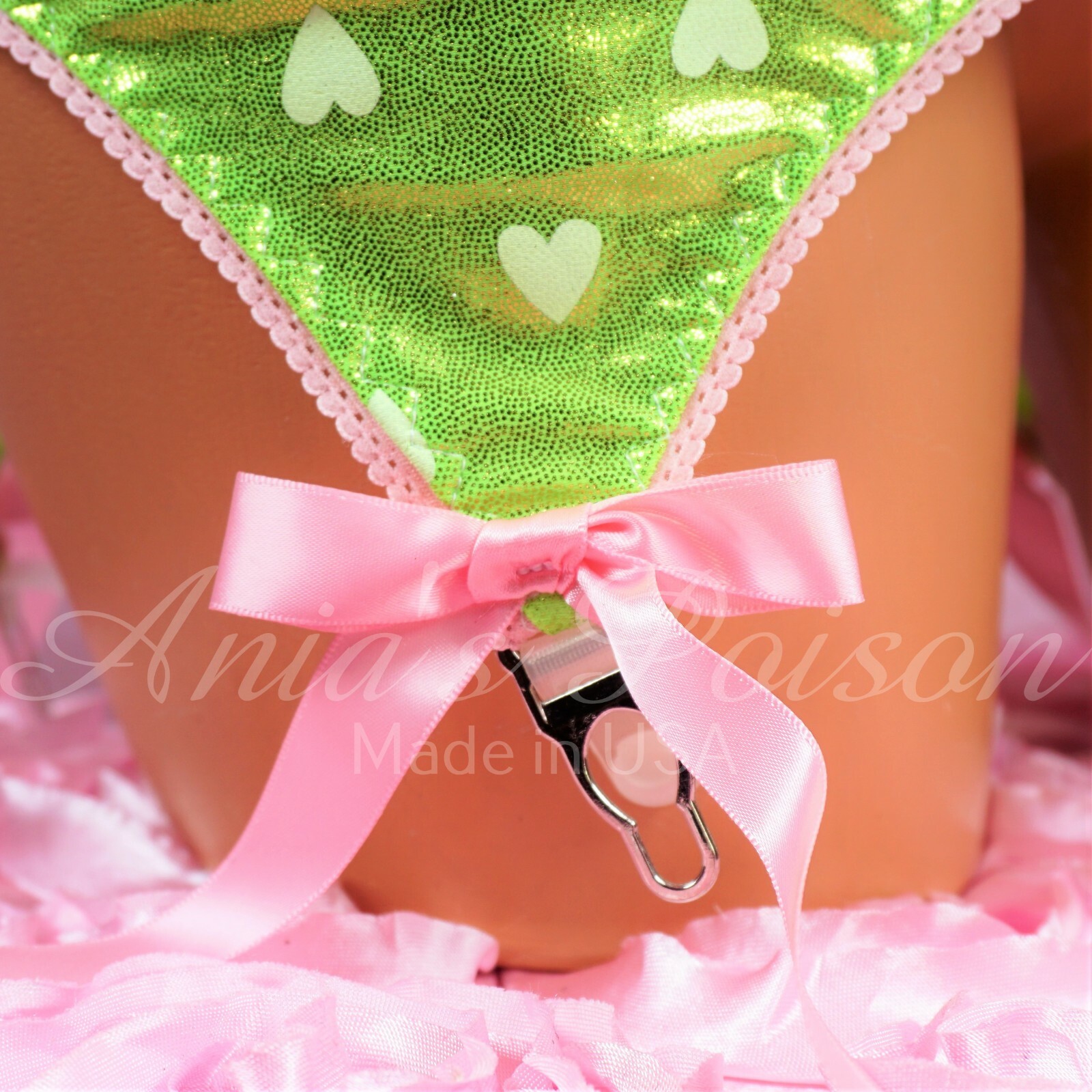 Valentine's Garter Skirt UNISEX metallic green Heart print tight sparkle mini OS