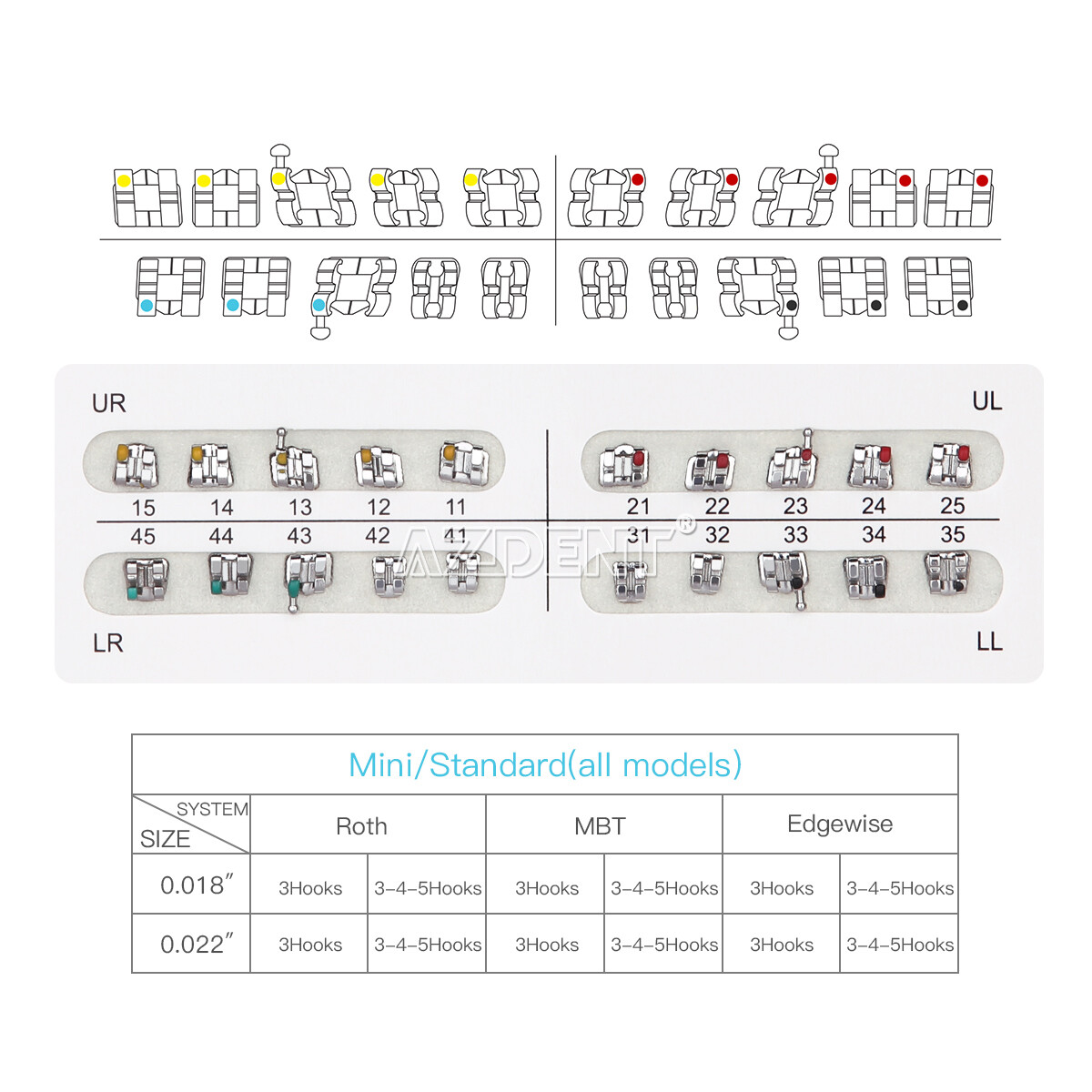 AZDENT Dental Ortho Metal Brackets Mini/Standard Roth/MBT 018/022 Hooks 3/3 4 5