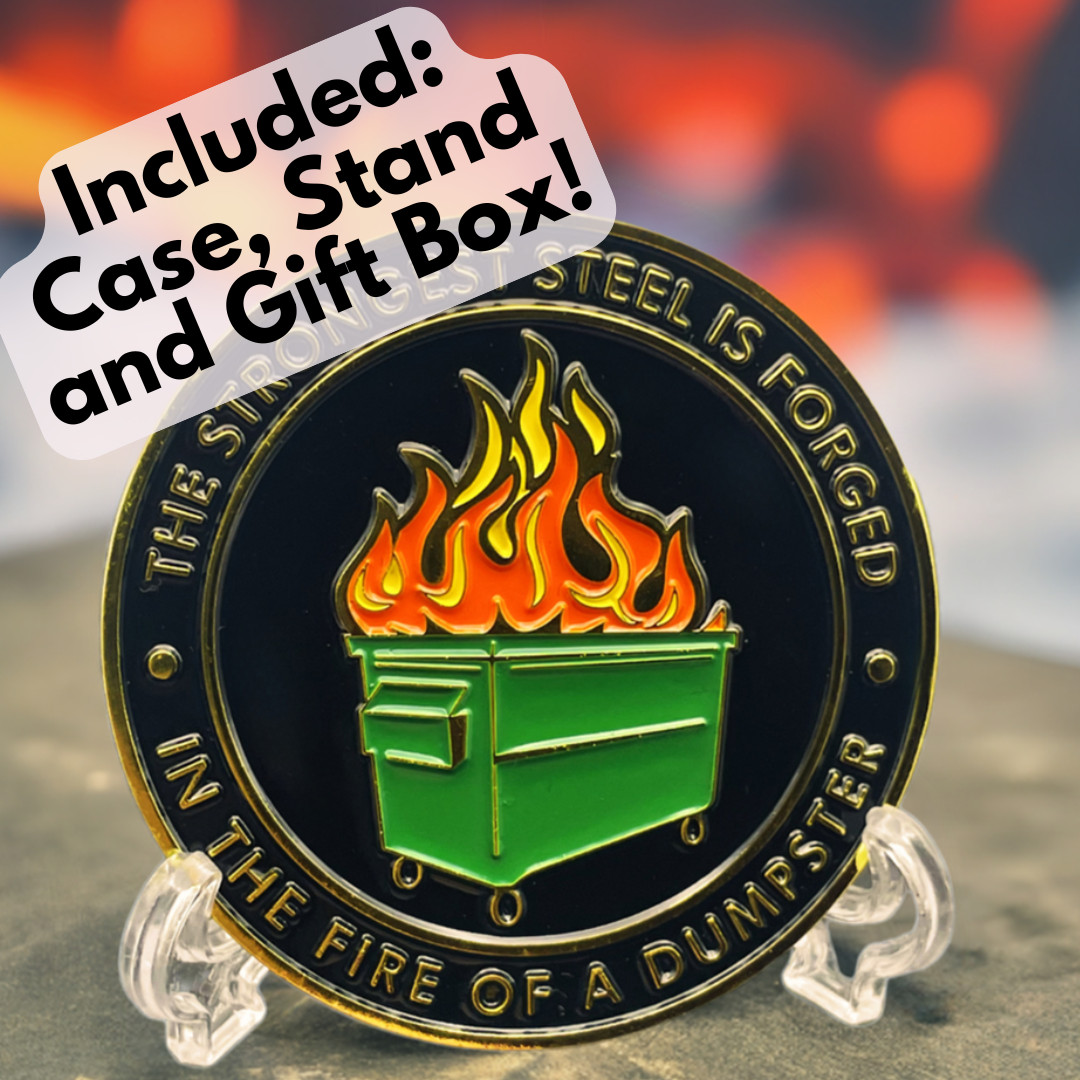 Dumpster fire coin - Fire Challenge Coin - Two Sided Color Dumpster Coin W/Stand