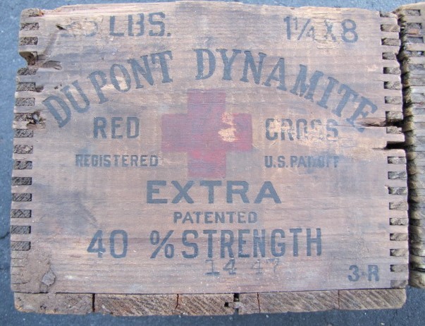 a Pair (2) Antique DUPONT 25lb Red Cross DYNAMITE BOXES High Explosives CRATES