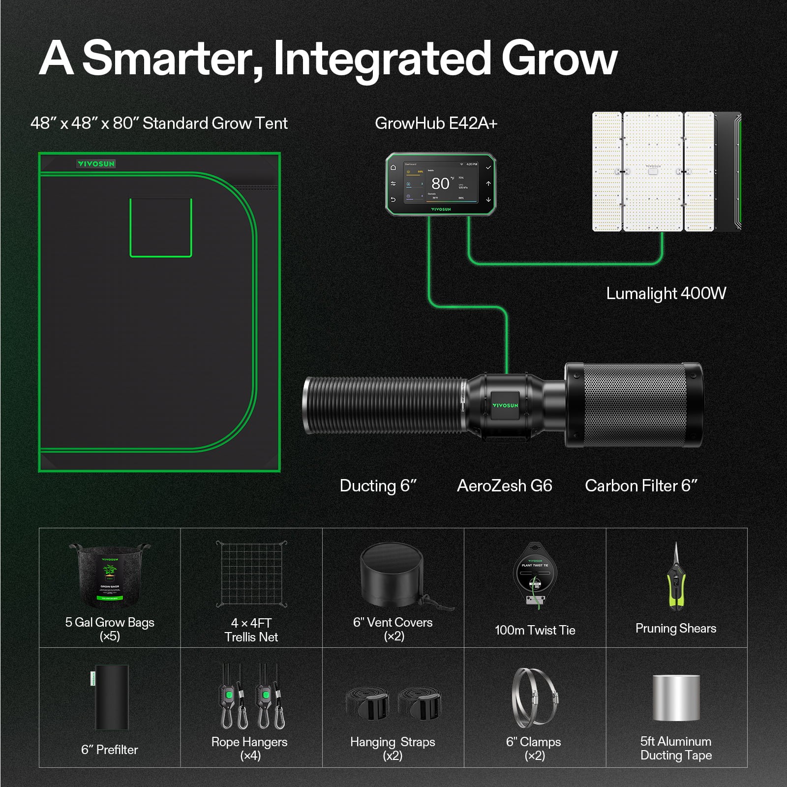 VIVOSUN 4x4ft Smart E42A+ Grow Tent Kit 400W LED Grow Light G6 Ventilation Kit